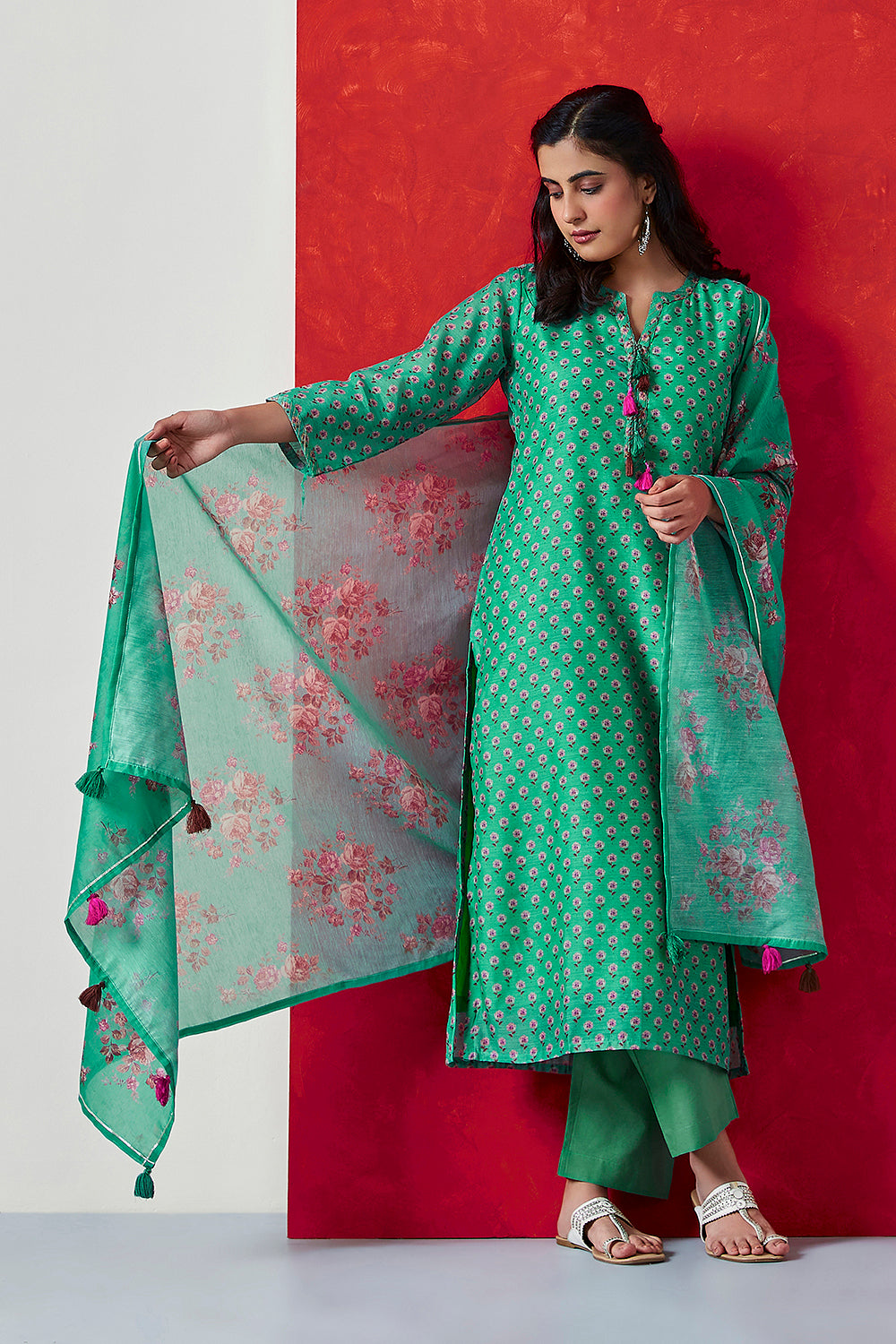 Green Chanderi Suit Set | HER-410