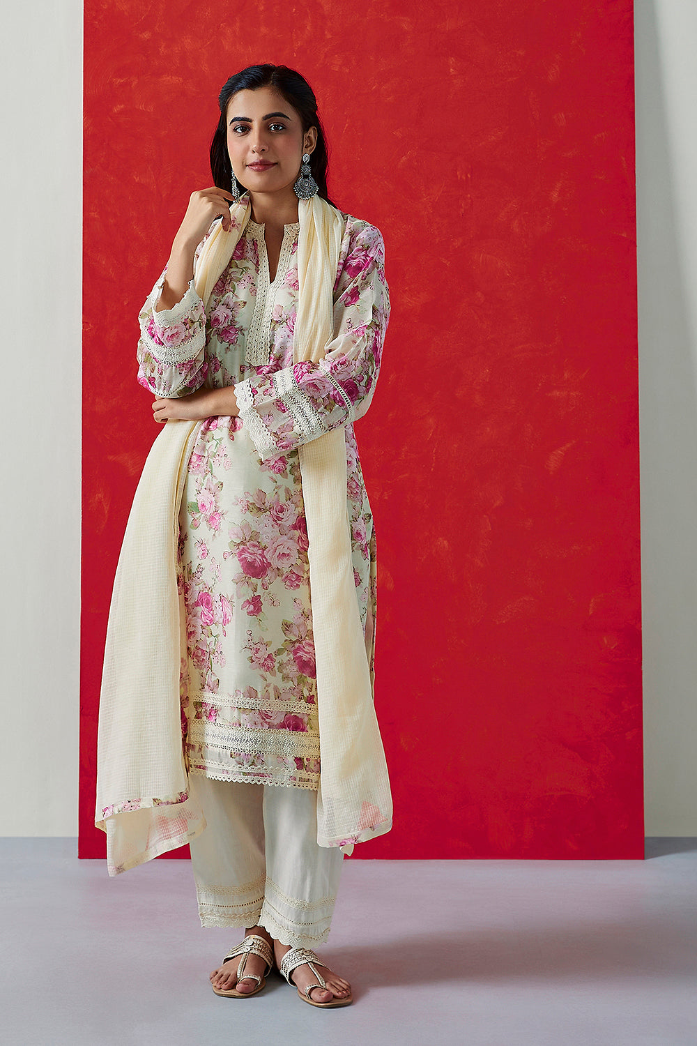 Cream Floral Printed Chanderi Suit Set | HER-394