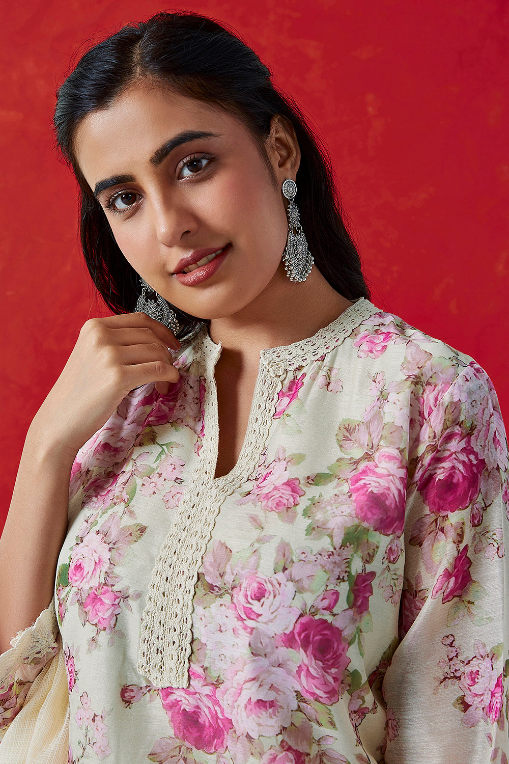 Cream Floral Printed Chanderi Suit Set | HER-394