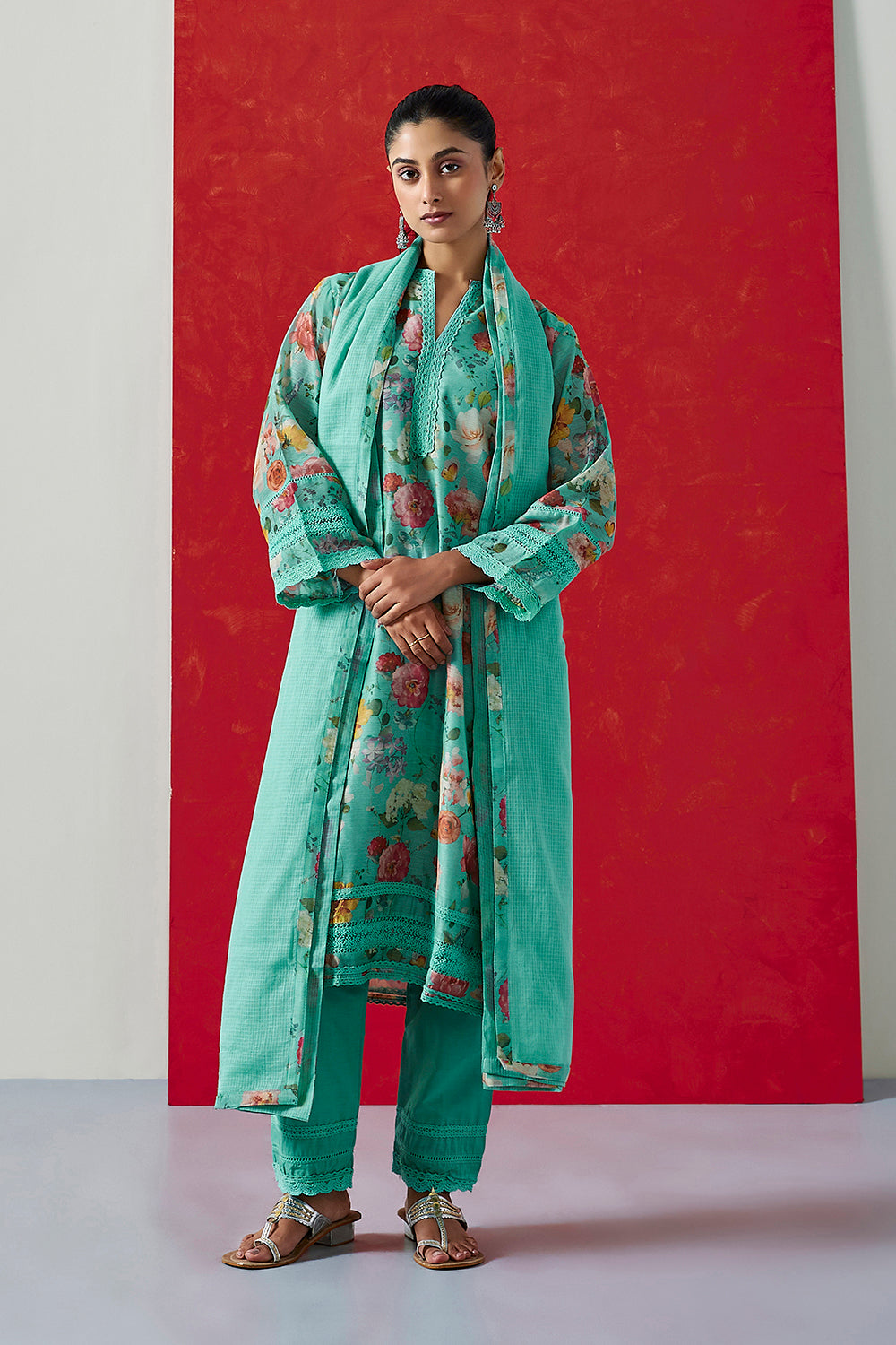 Aqua Floral Printed Chanderi Suit Set | HER-394