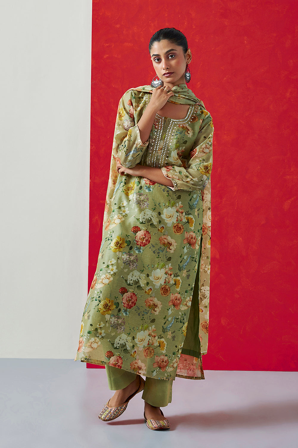 Pastel Green Chanderi Suit Set | HER-407