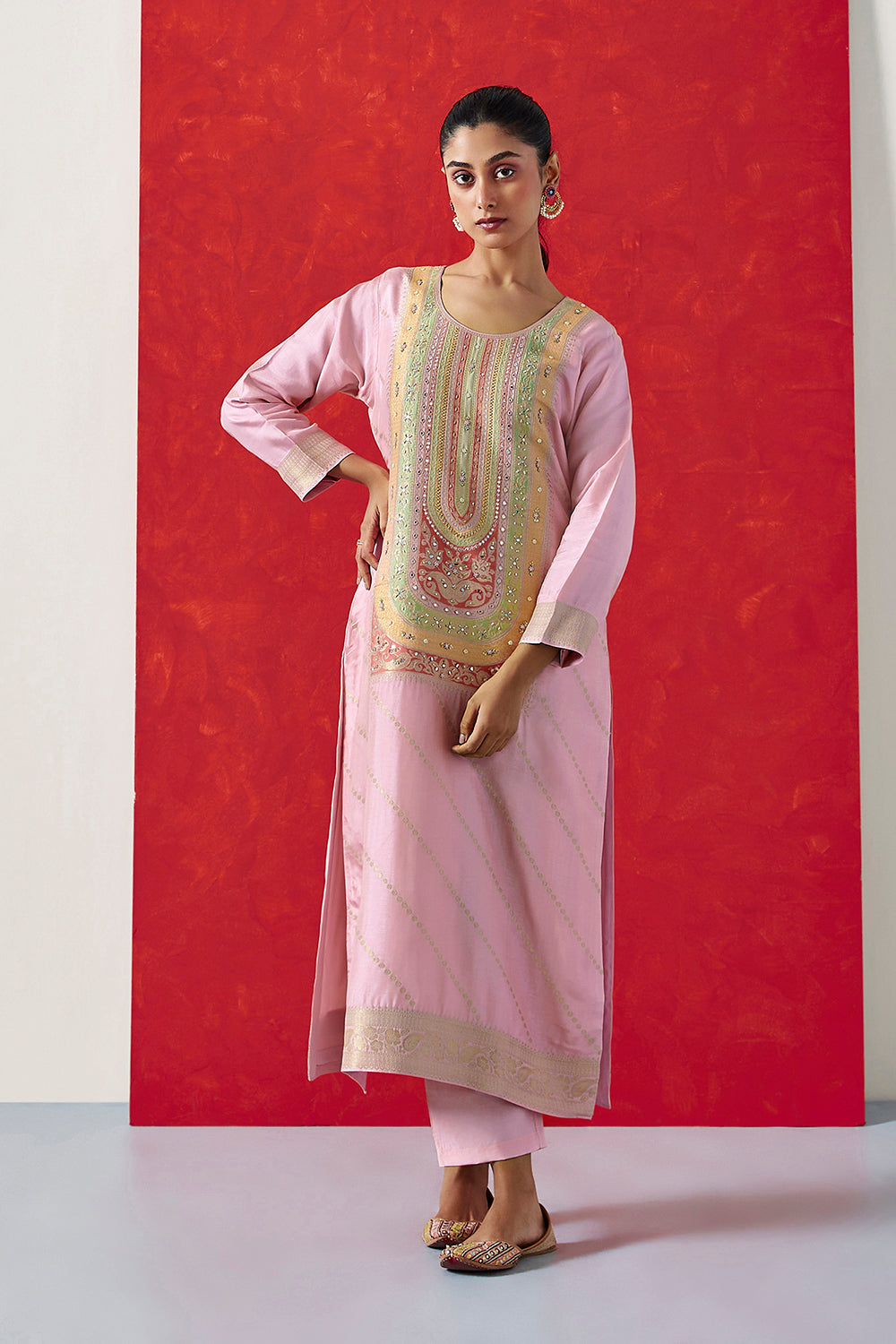 Pastel Pink Dola Jacquard Straight Fit Suit Set