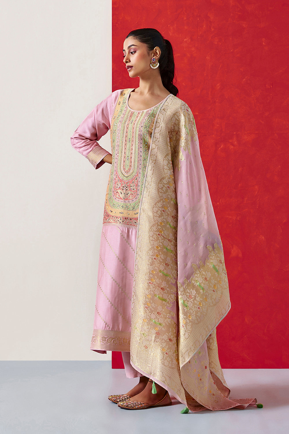 Pastel Pink Dola Jacquard Straight Fit Suit Set