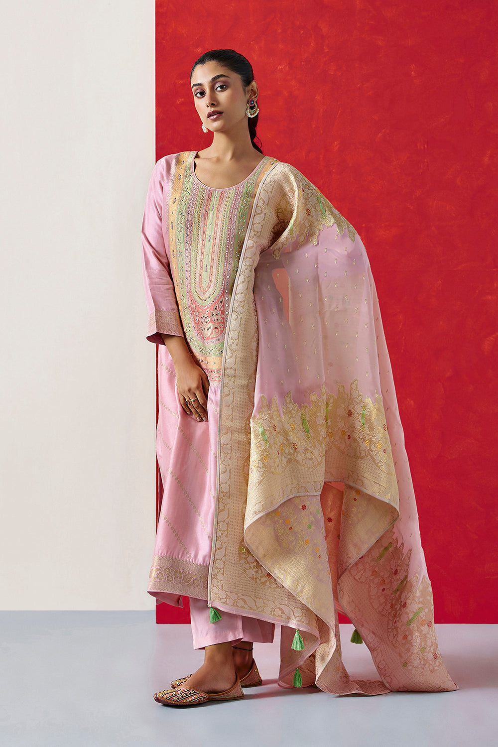 Pastel Pink Dola Jacquard Straight Fit Suit Set