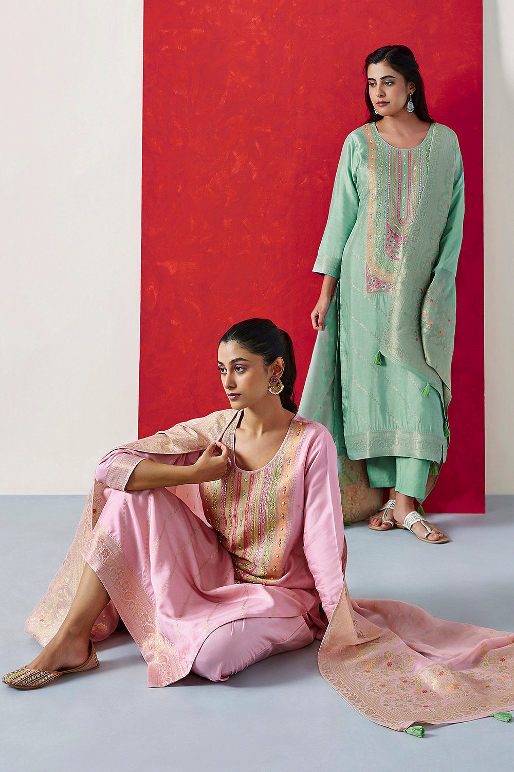 Aqua Green Dola Jacquard Straight Fit Suit Set