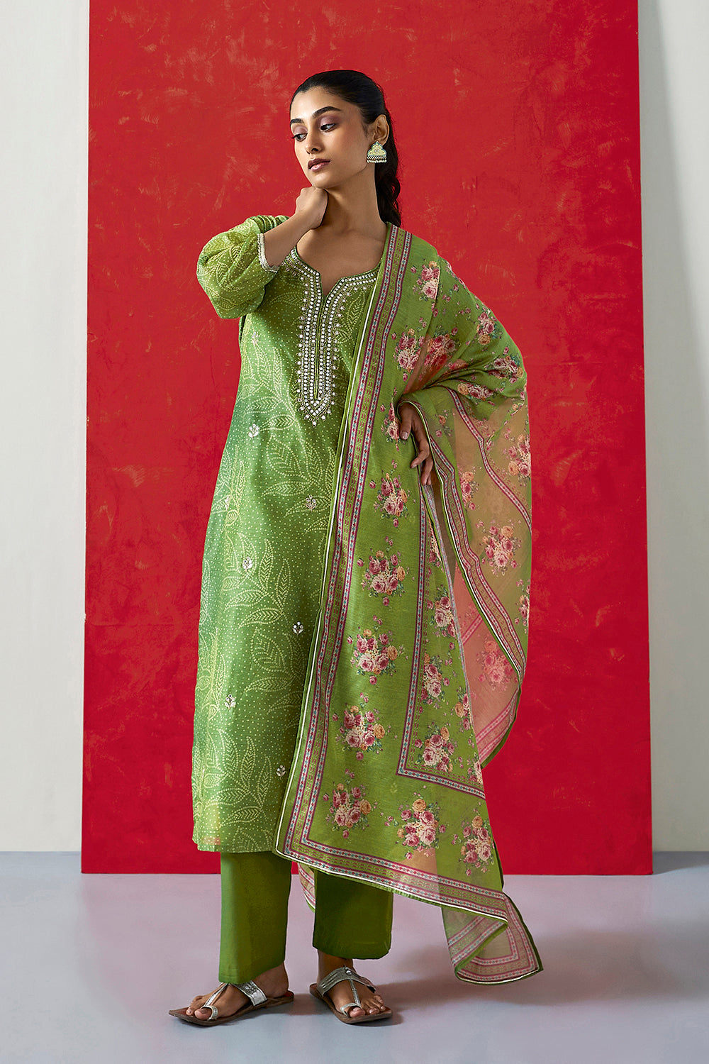 Green Chanderi Suit Set | HER-412
