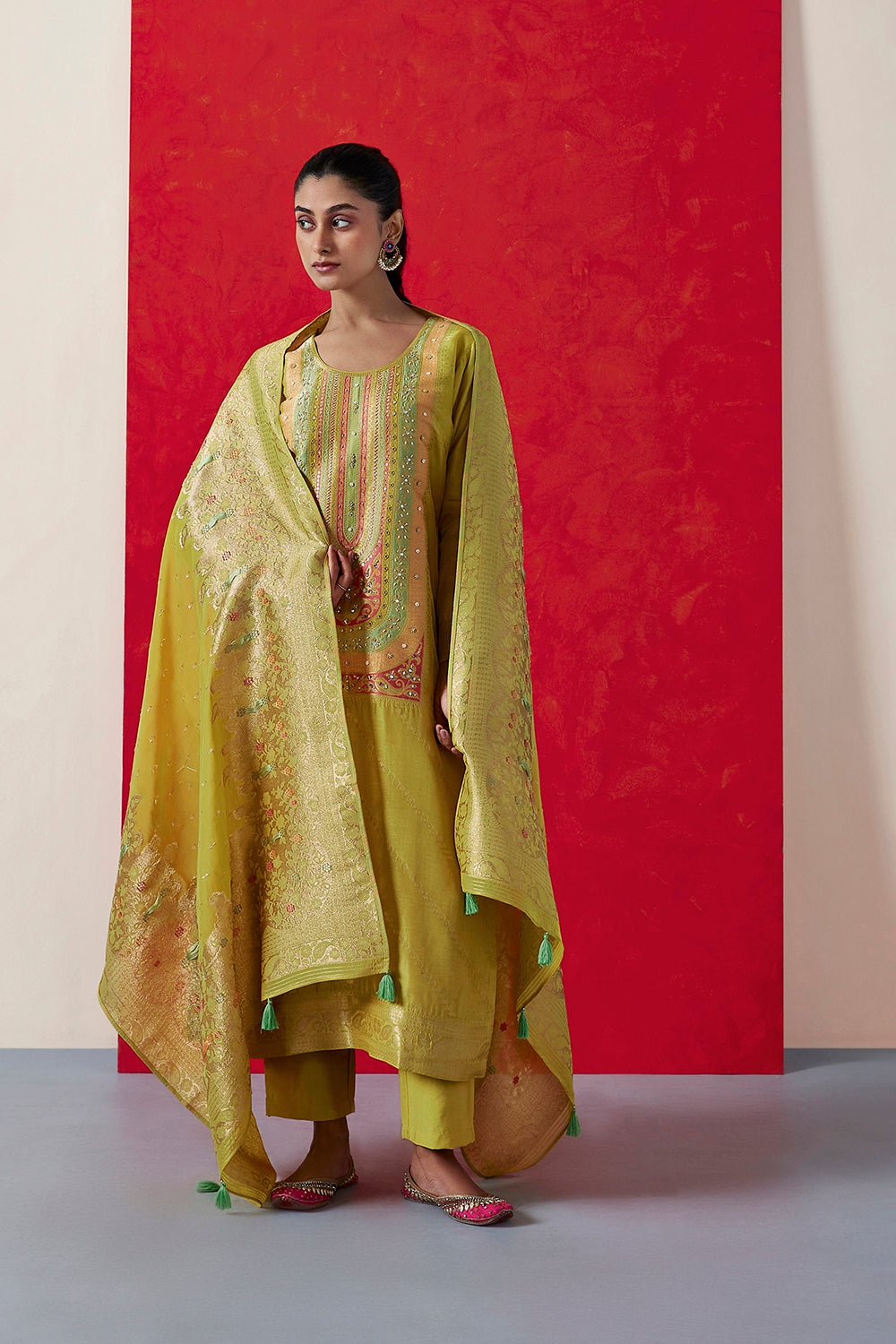 Yellow Dola Jacquard Straight Fit Suit Set