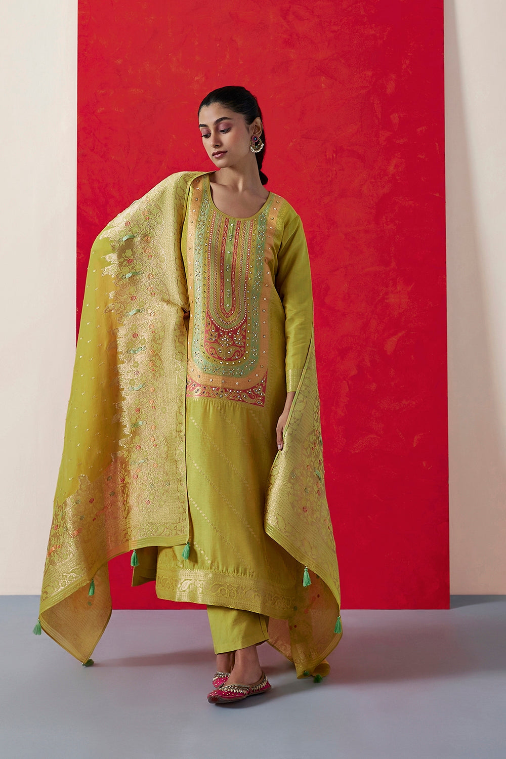 Yellow Dola Jacquard Straight Fit Suit Set