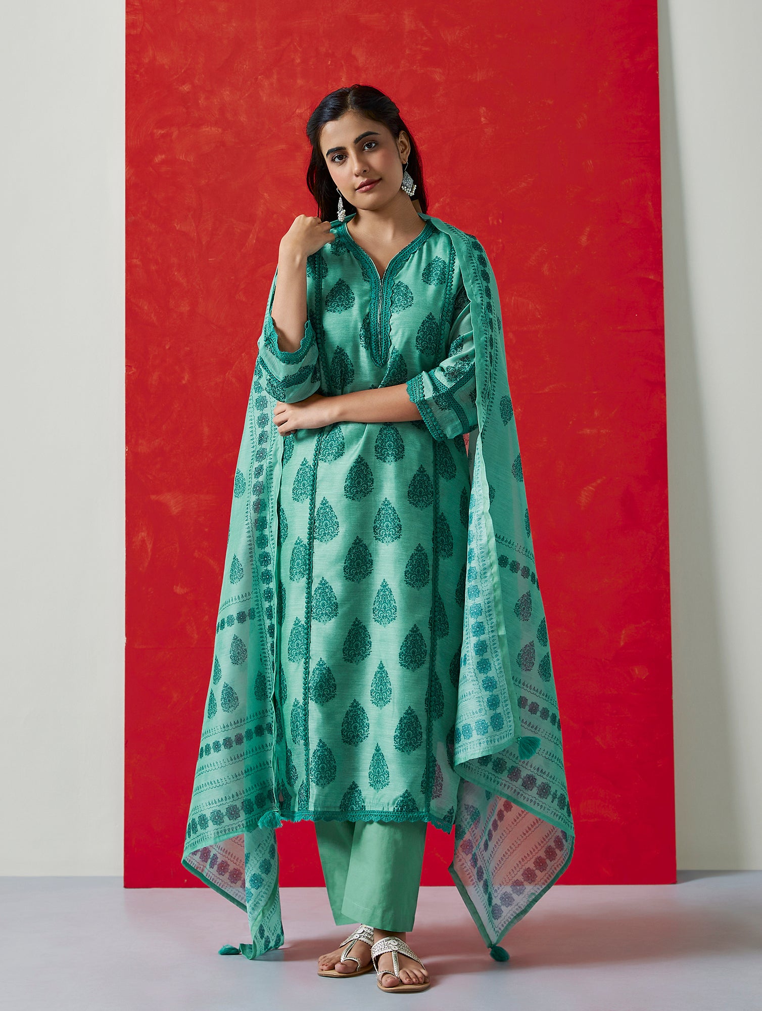 Tehzeeb ‘Emerald Teal Green’ Chanderi Suit Set| HER-411