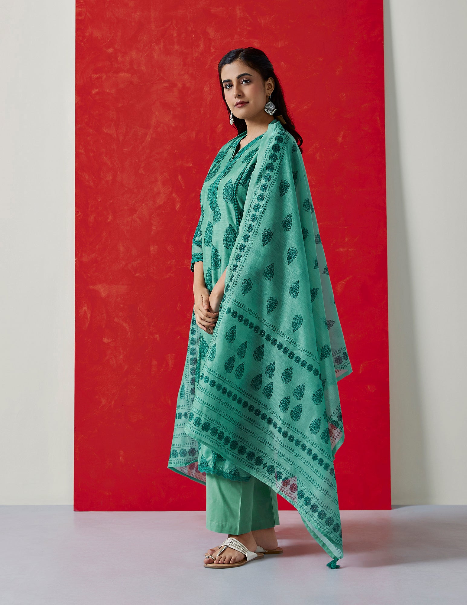 Tehzeeb ‘Emerald Teal Green’ Chanderi Suit Set| HER-411