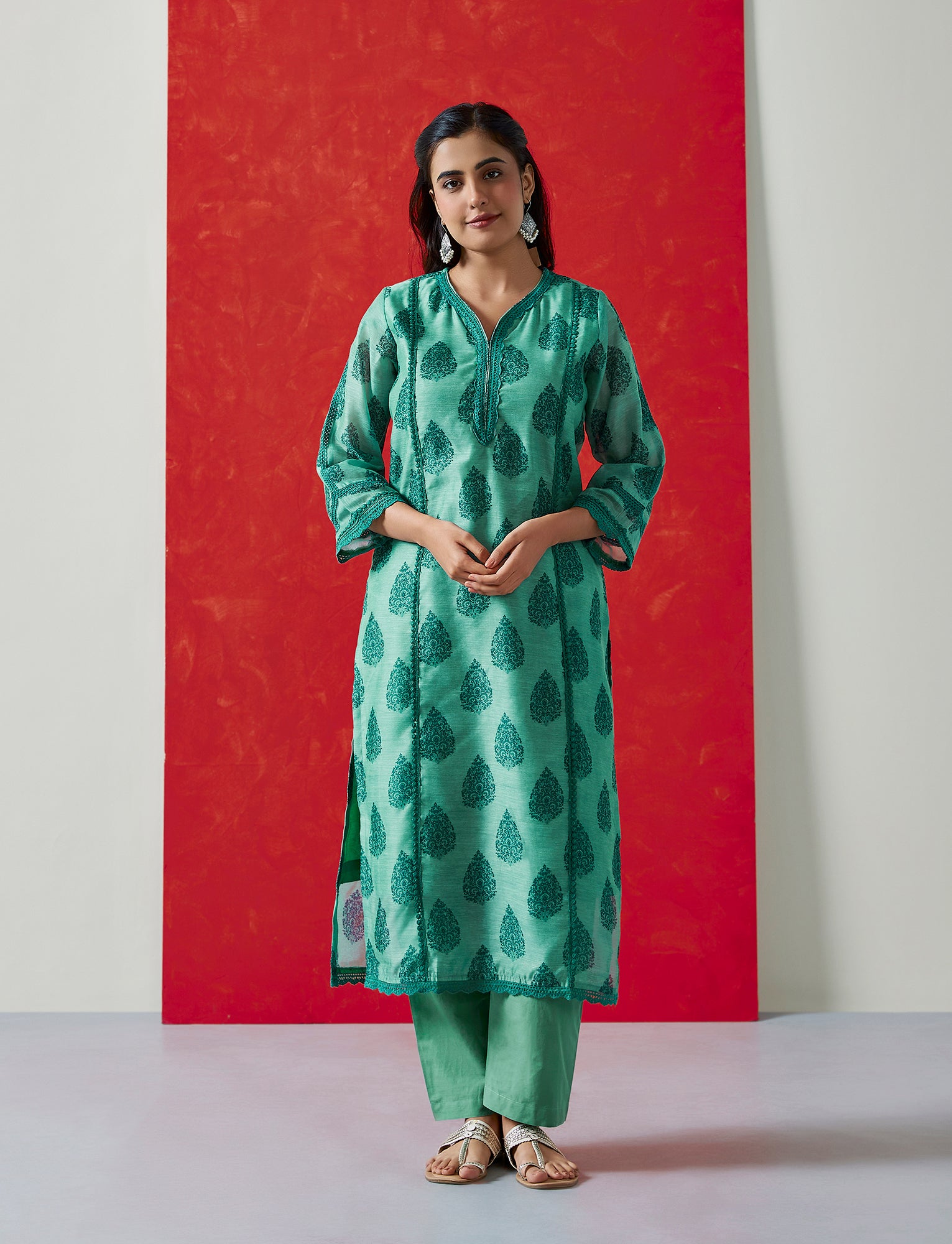 Tehzeeb ‘Emerald Teal Green’ Chanderi Suit Set| HER-411
