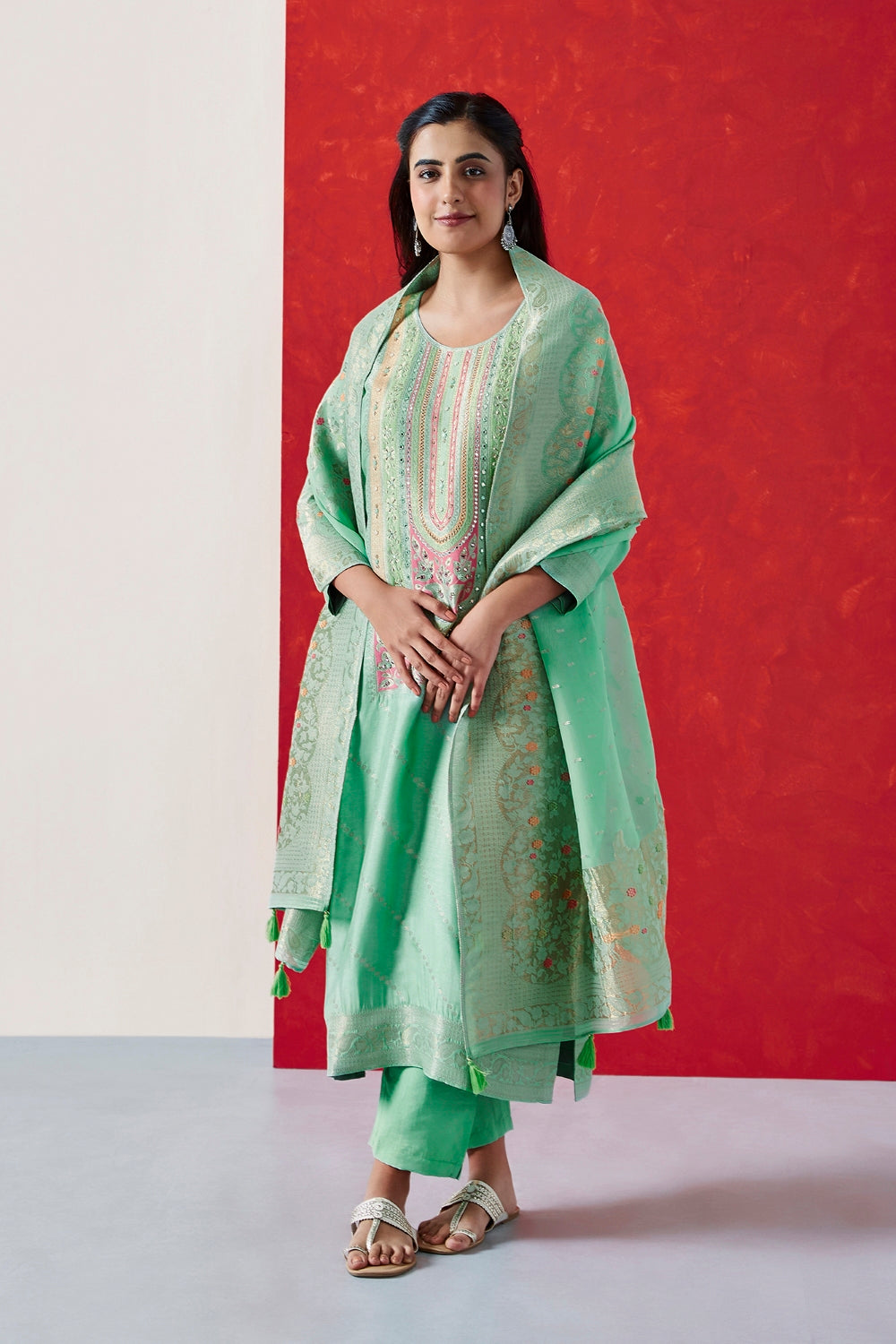 Aqua Green Dola Jacquard Straight Fit Suit Set