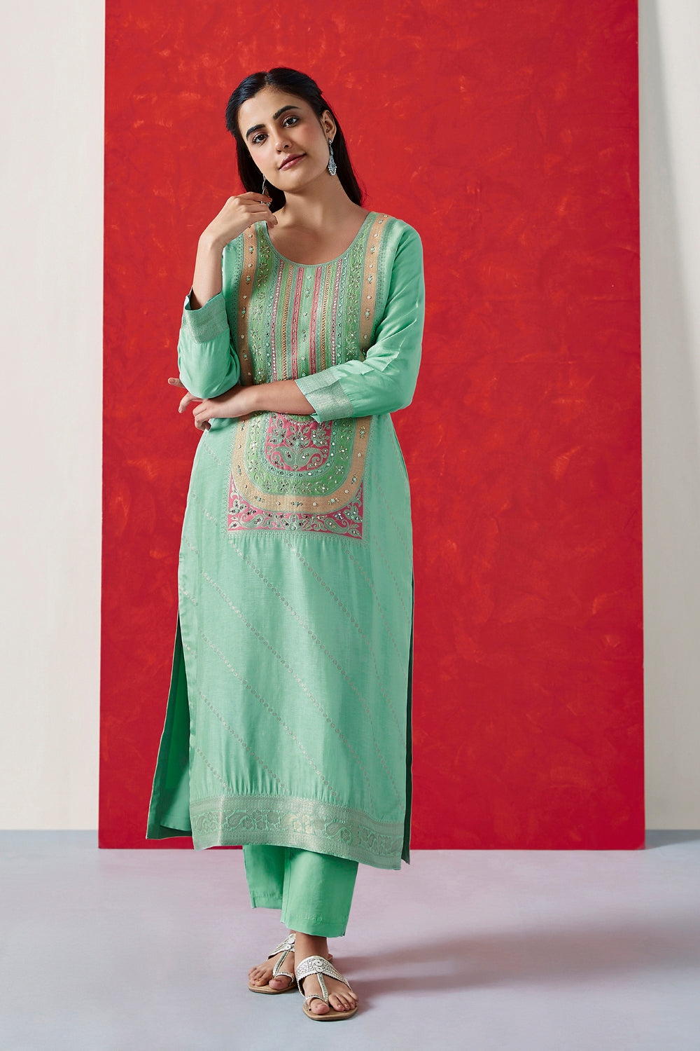 Aqua Green Dola Jacquard Straight Fit Suit Set