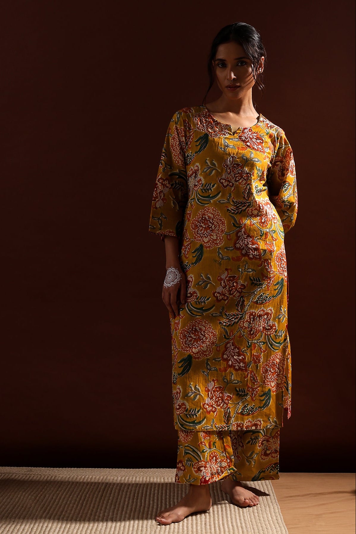 Mustard Yellow Floral Cotton Co-ord Set | HER-533