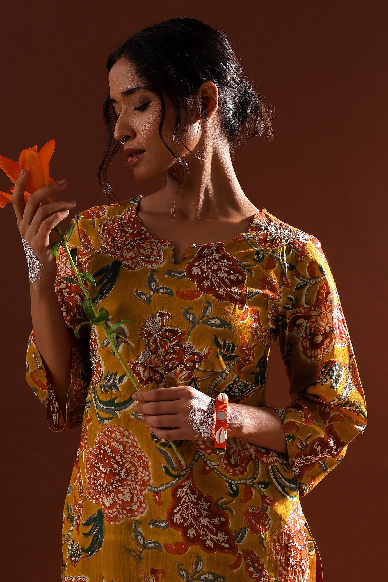 Mustard Yellow Floral Cotton Co-ord Set | HER-533