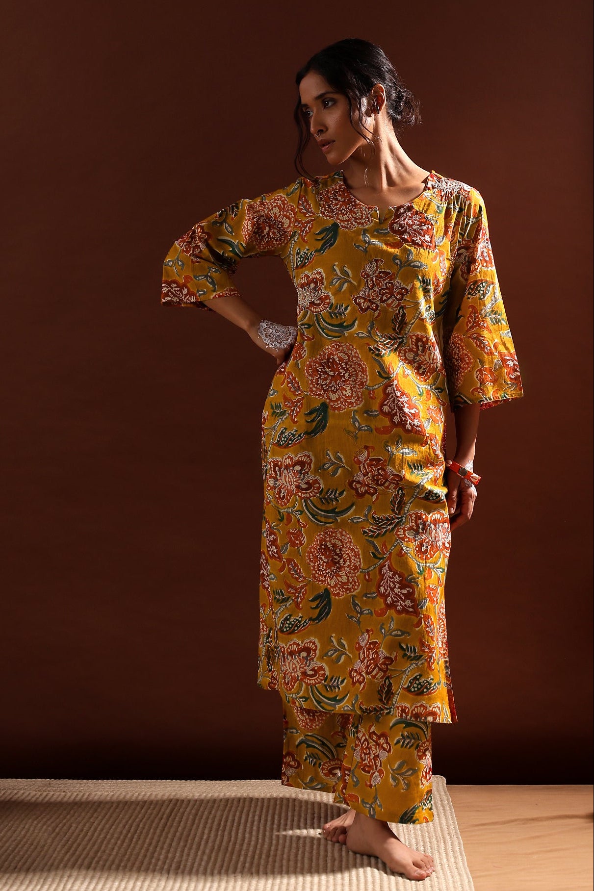 Mustard Yellow Floral Cotton Co-ord Set | HER-533