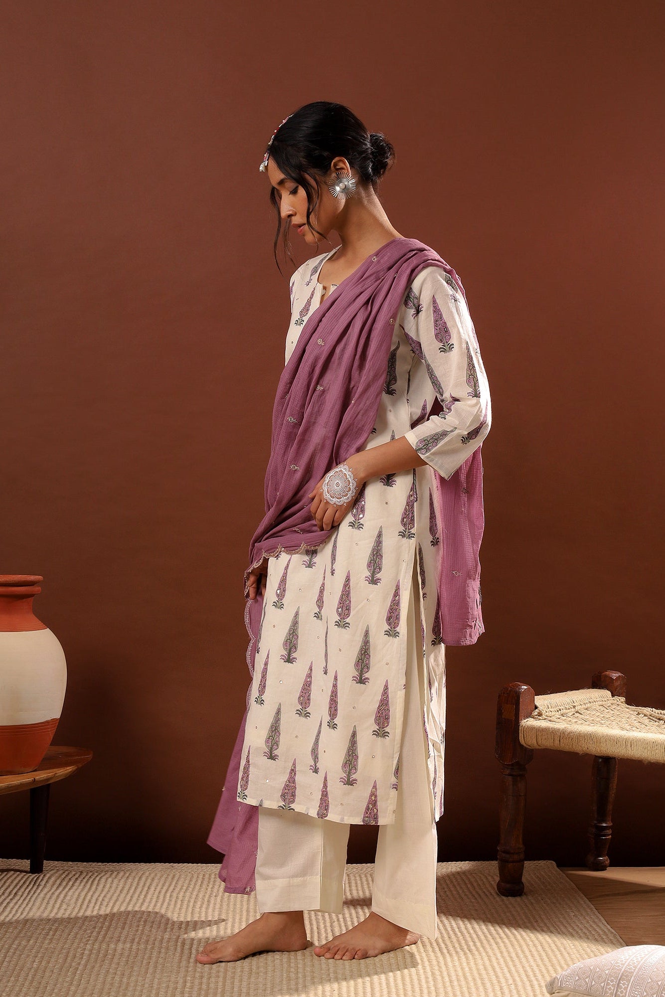 Lilac Floral Suit Set, with Kota Doria Dupatta | HER-519