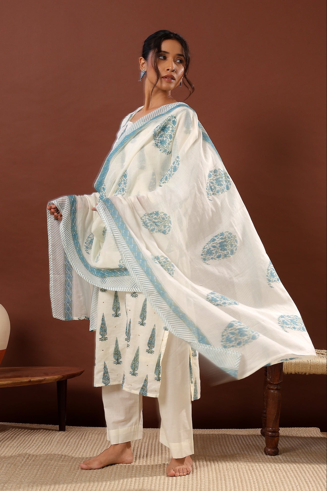 Sea Green Floral Suit Set, with Kota Doria Dupatta | HER-519