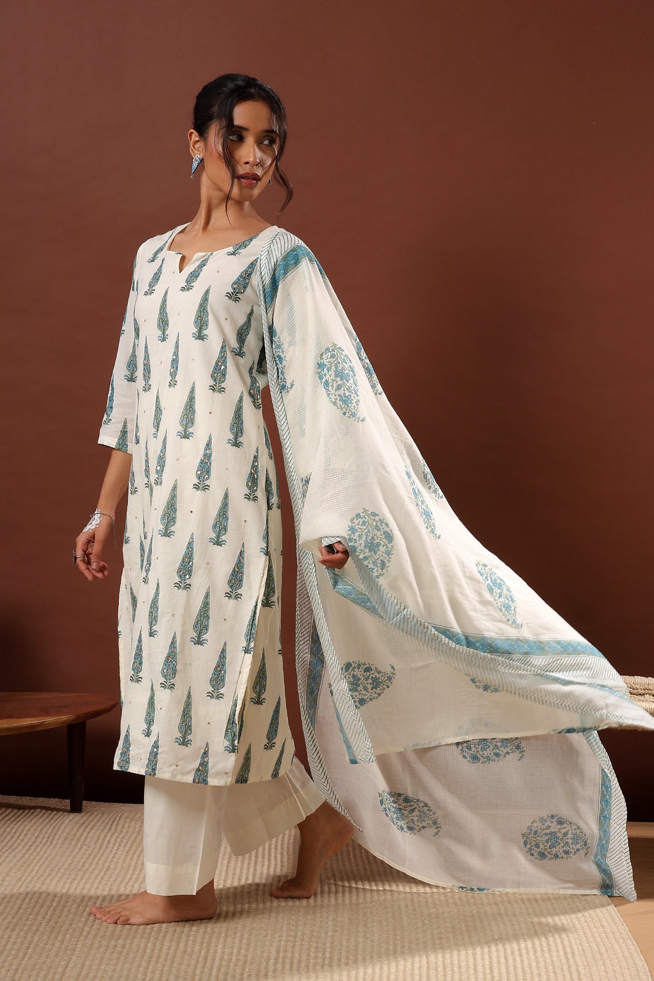 Sea Green Floral Suit Set, with Kota Doria Dupatta | HER-519