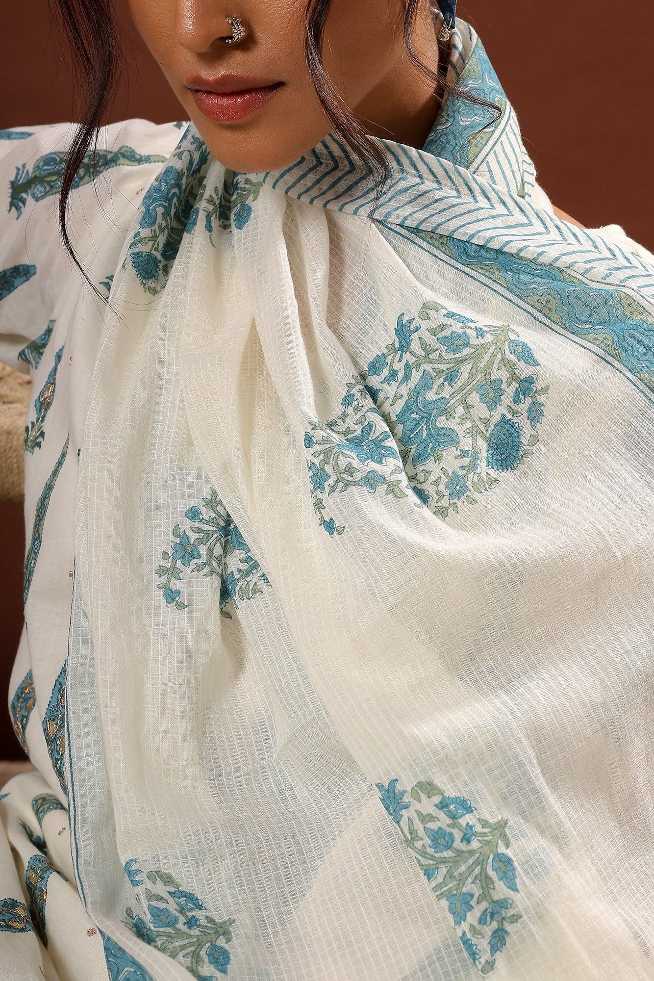 Sea Green Floral Suit Set, with Kota Doria Dupatta | HER-519