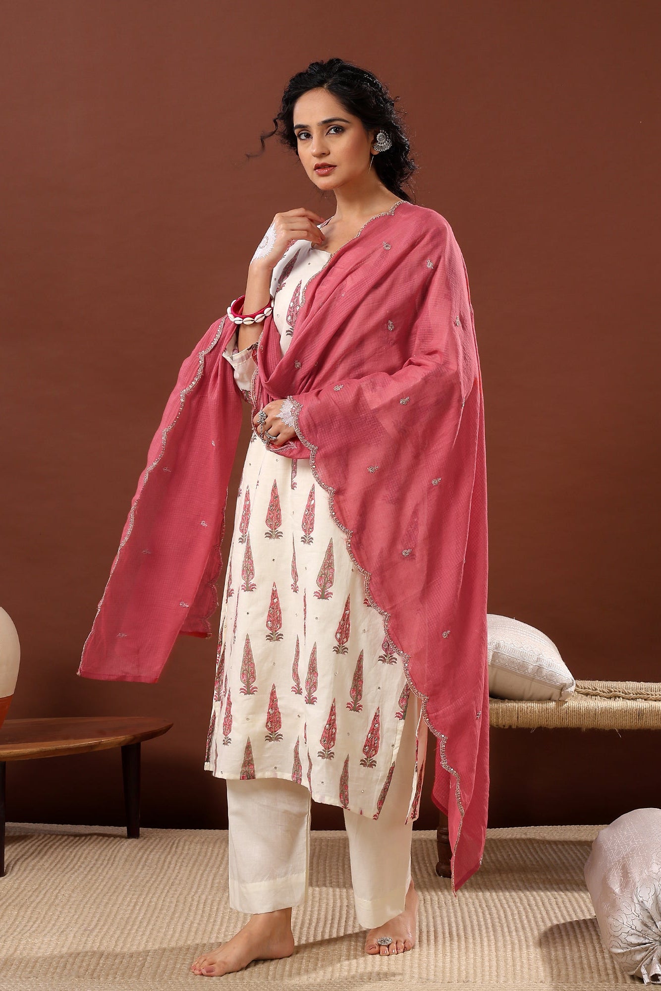 Dusty Rose Pink Floral Suit Set, with Kota Doria Dupatta | HER-519