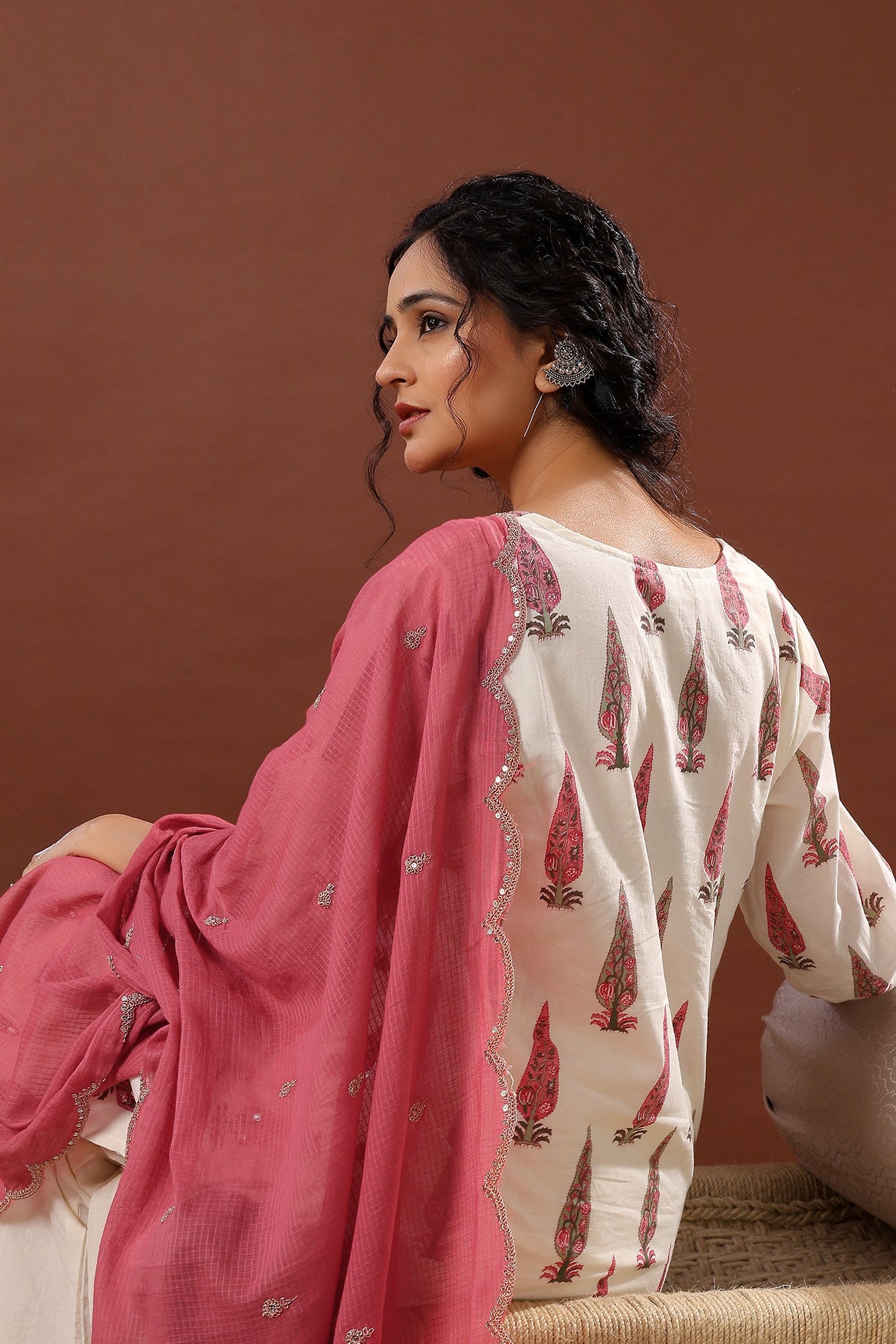 Dusty Rose Pink Floral Suit Set, with Kota Doria Dupatta | HER-519