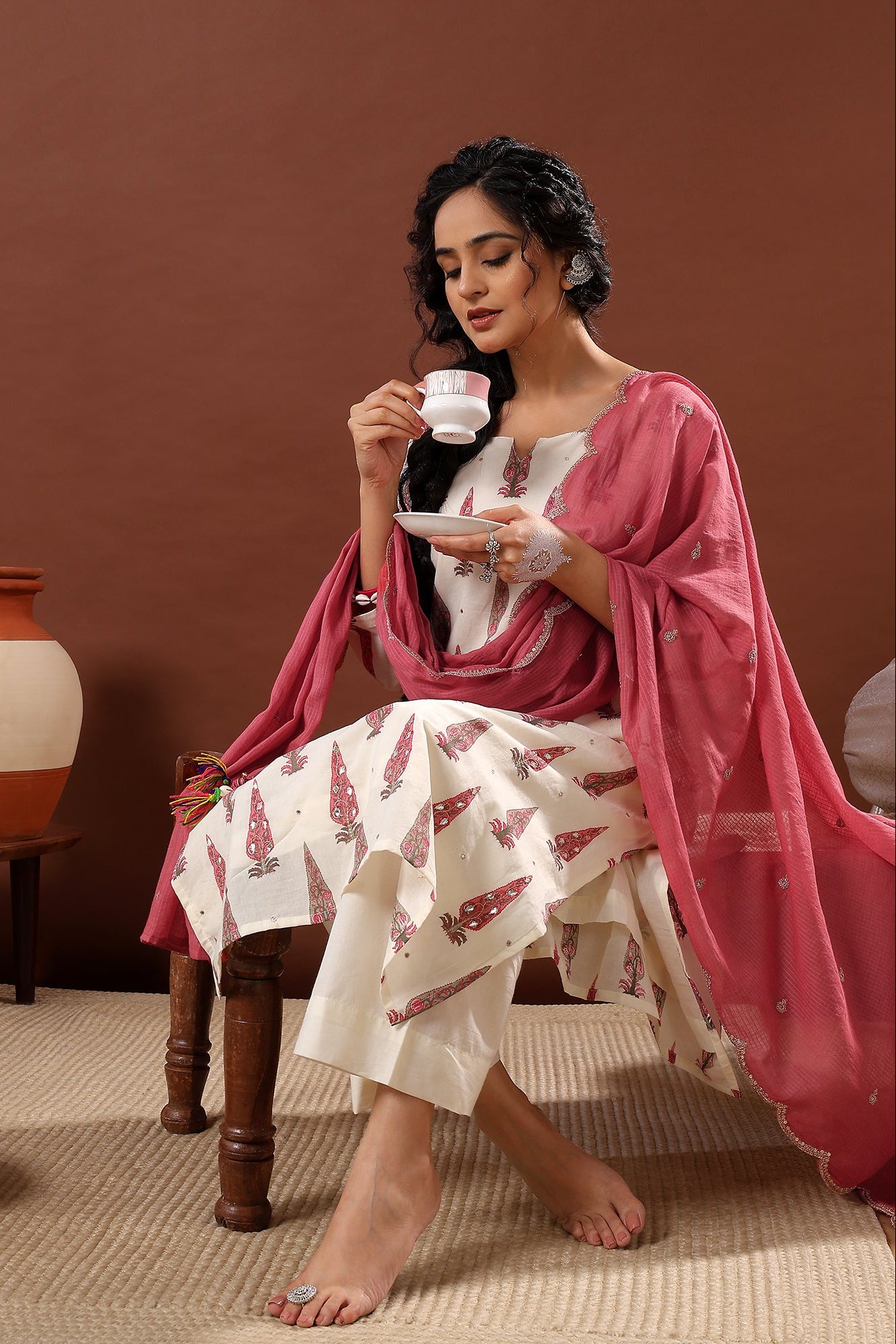 Dusty Rose Pink Floral Suit Set, with Kota Doria Dupatta | HER-519