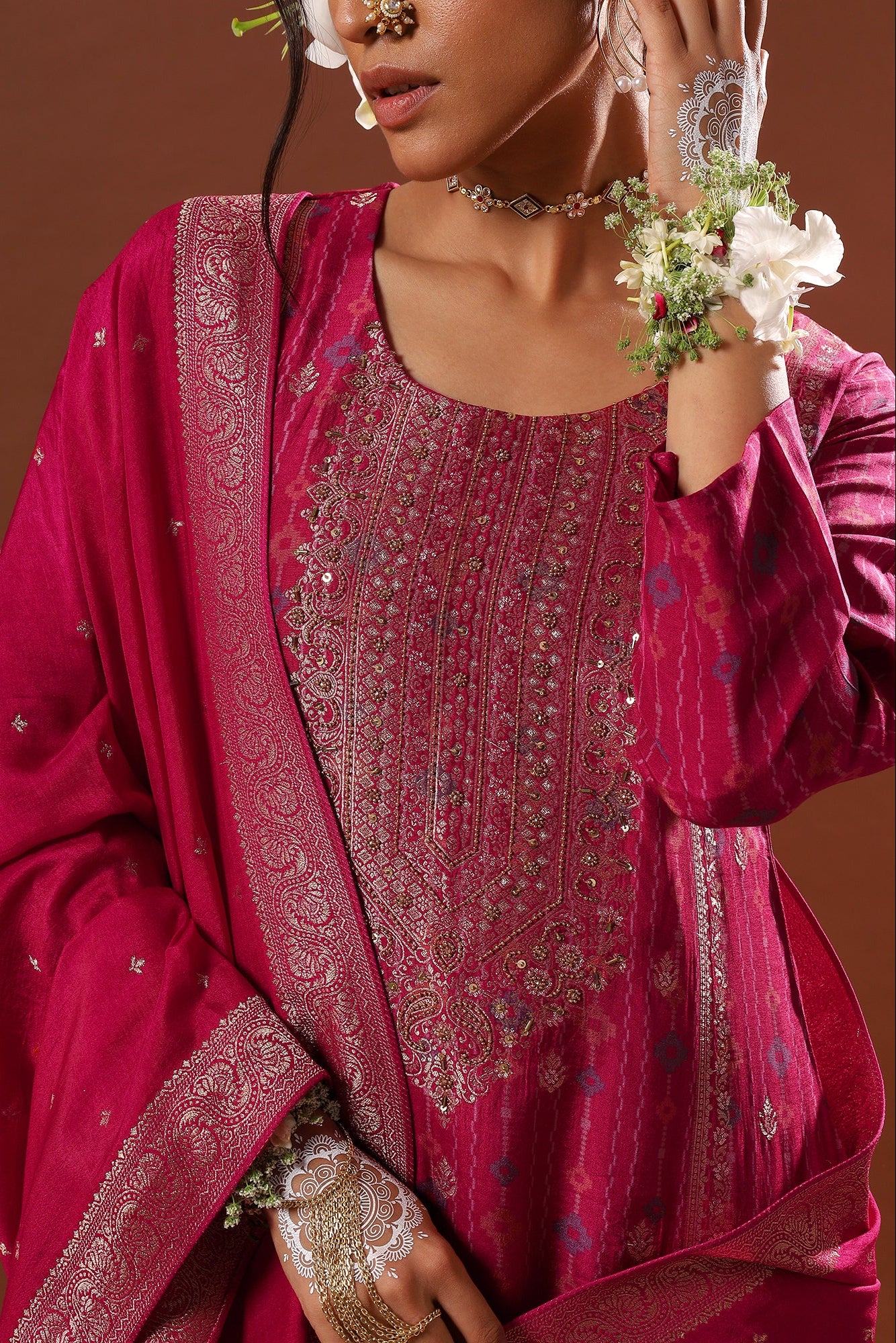 Gul Pink Dola Jacquard Suit Set | HER-484