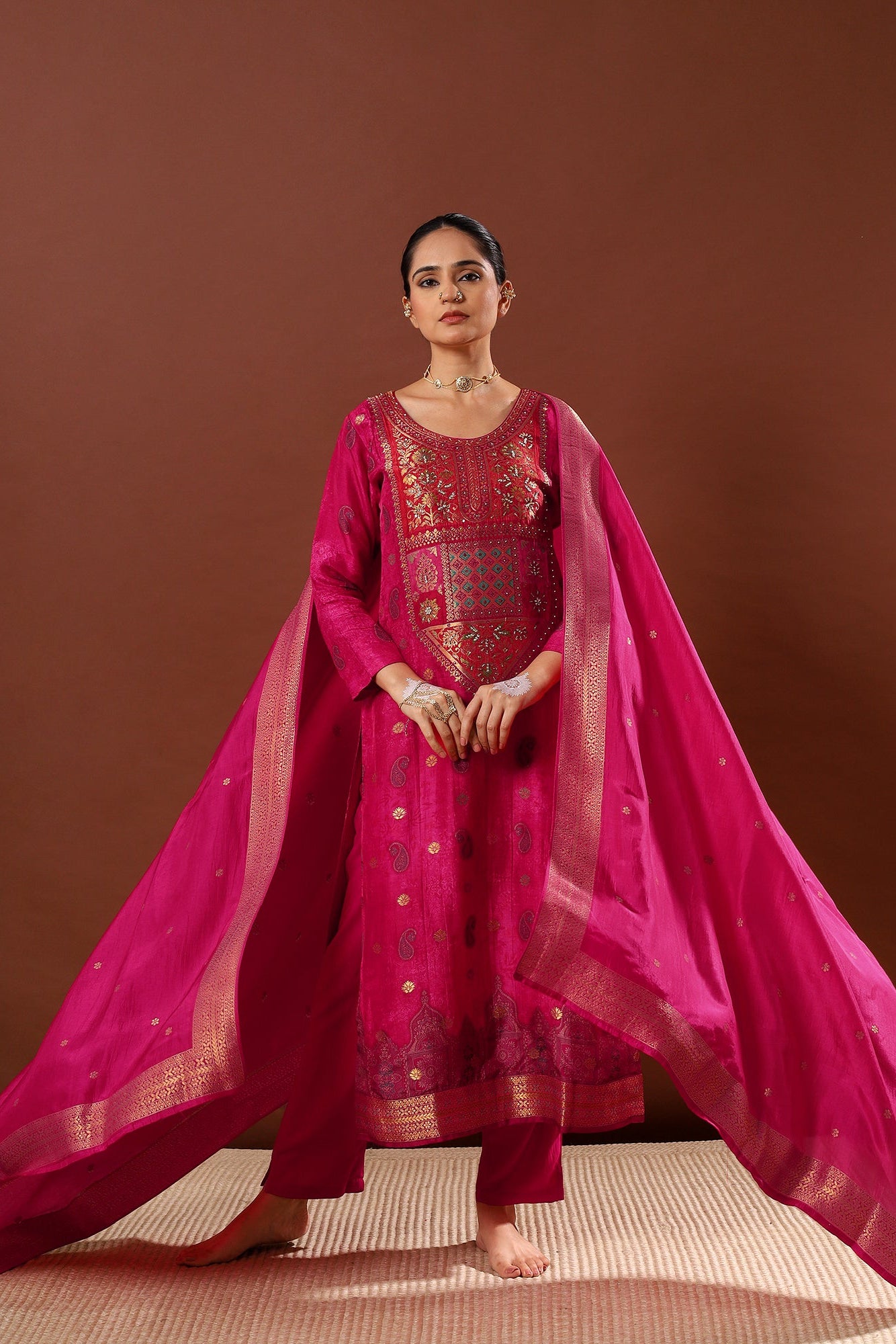 Heritage Premium Dola Jacquard Embroidered Suit Set – Rani Pink | HER-483