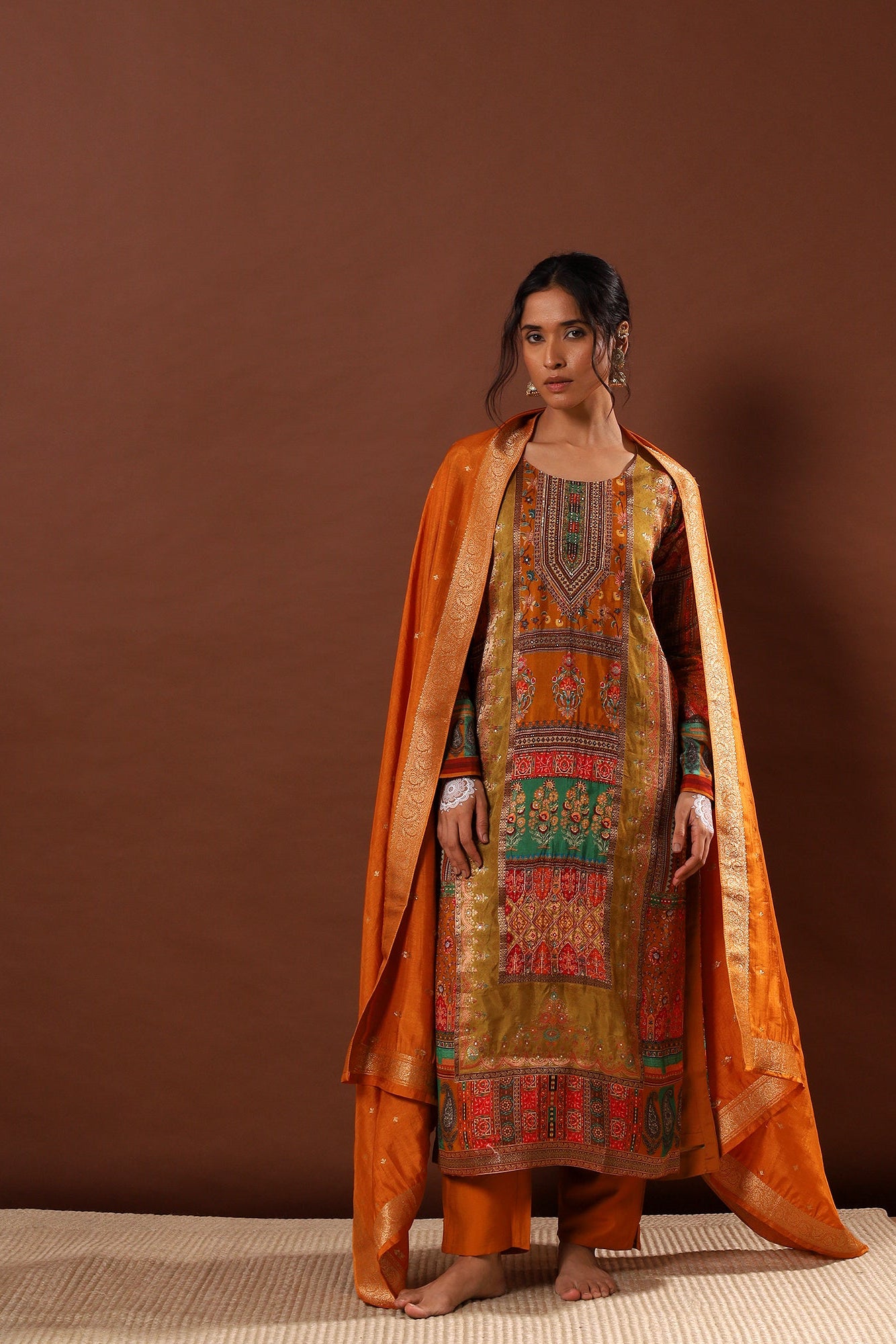 Ochre/Mustard Yellow Dola Jacquard Suit Set | HER-482