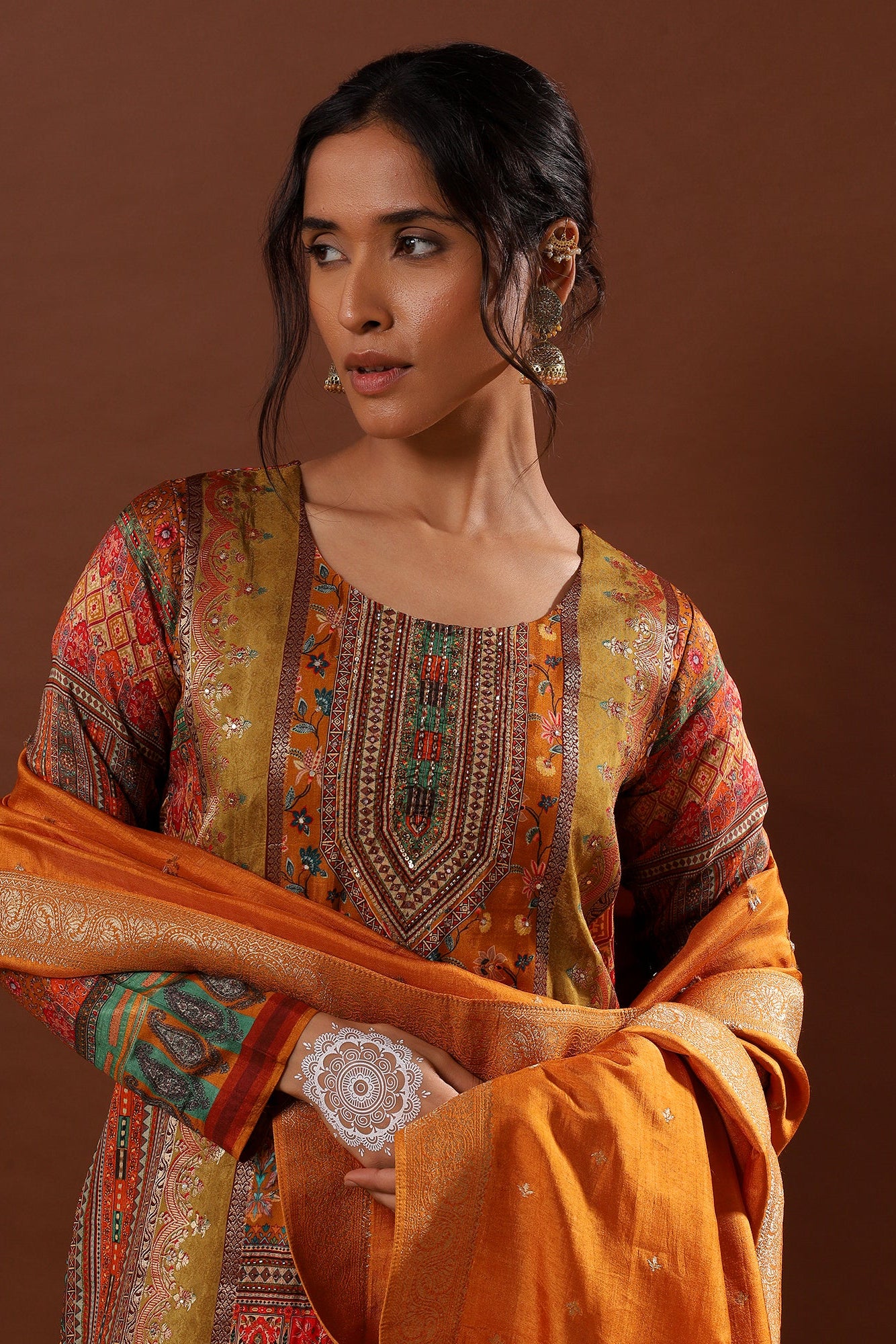 Ochre/Mustard Yellow Dola Jacquard Suit Set | HER-482