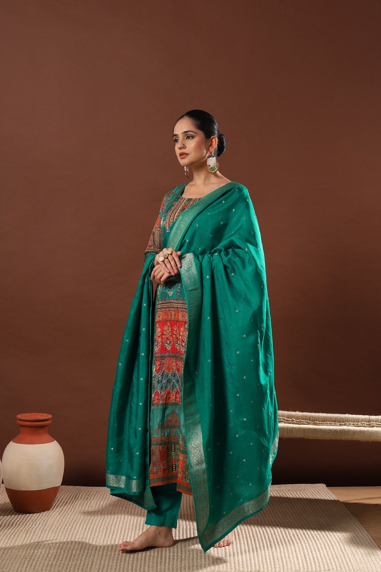 Emerald Green Dola Jacquard Suit Set | HER-482