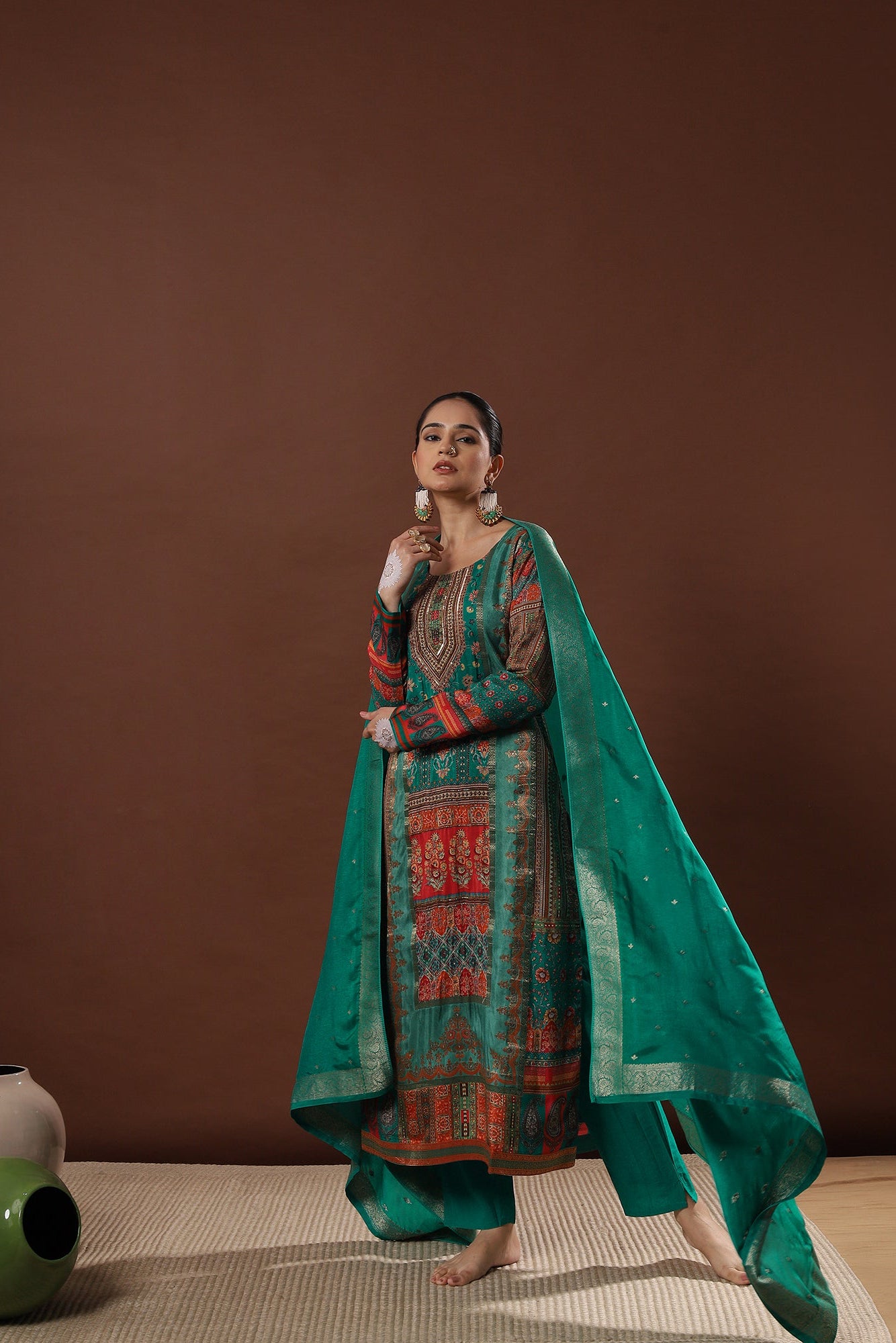 Emerald Green Dola Jacquard Suit Set | HER-482