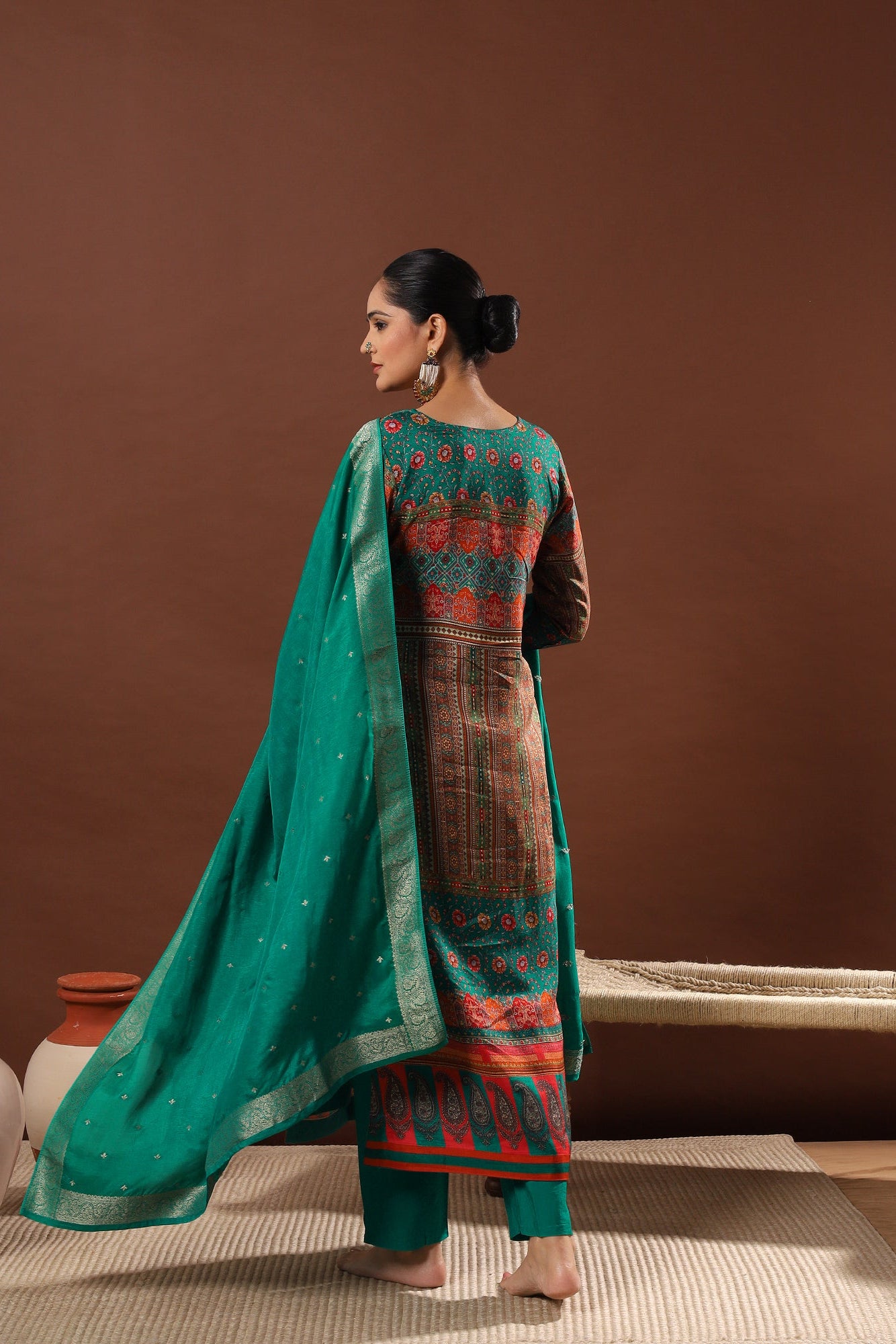 Emerald Green Dola Jacquard Suit Set | HER-482