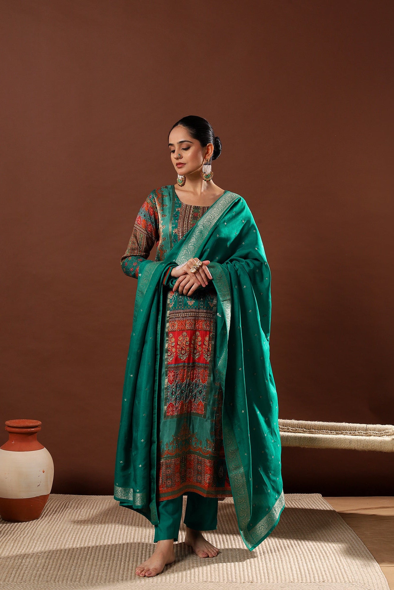 Emerald Green Dola Jacquard Suit Set | HER-482