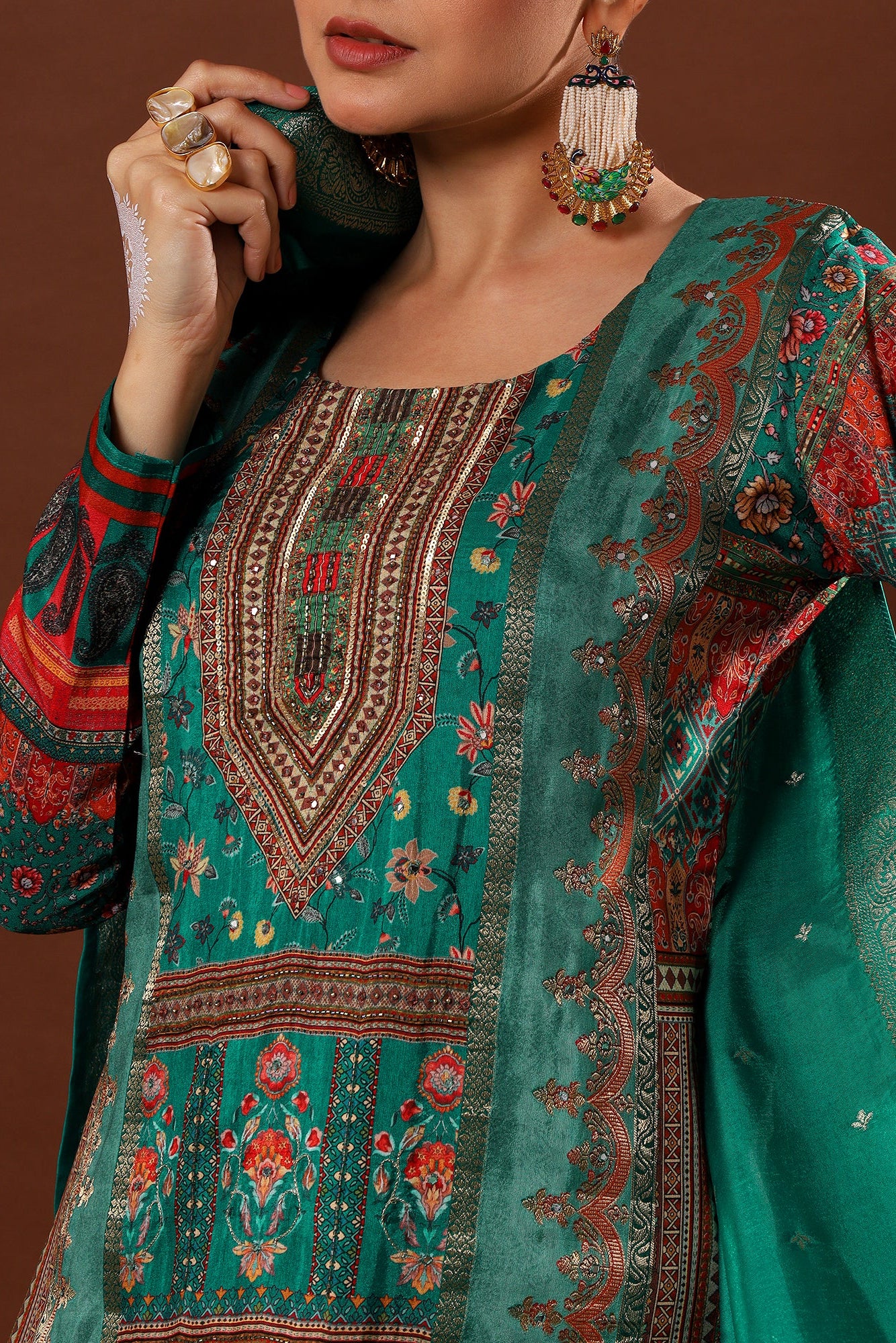 Emerald Green Dola Jacquard Suit Set | HER-482