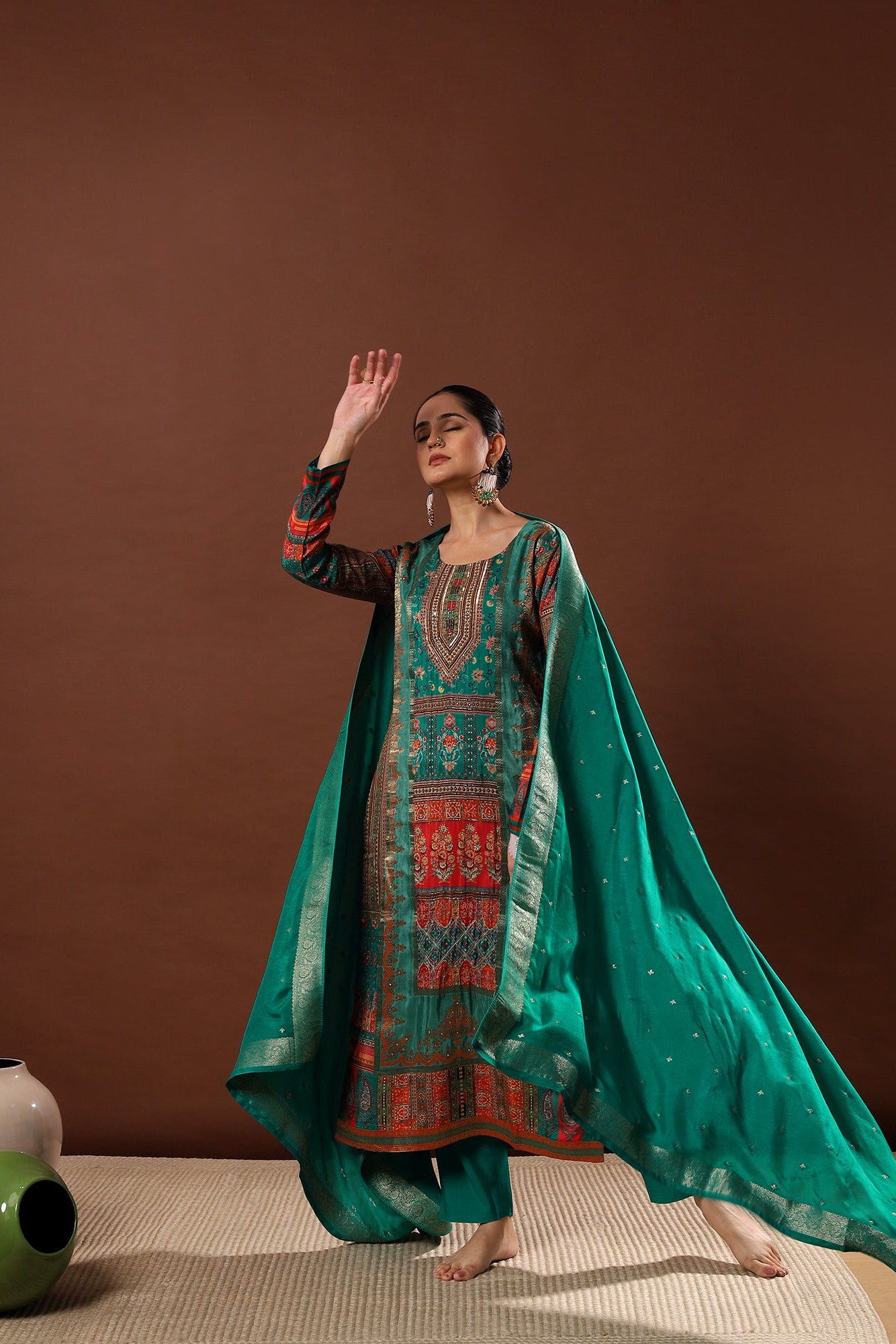 Emerald Green Dola Jacquard Suit Set | HER-482