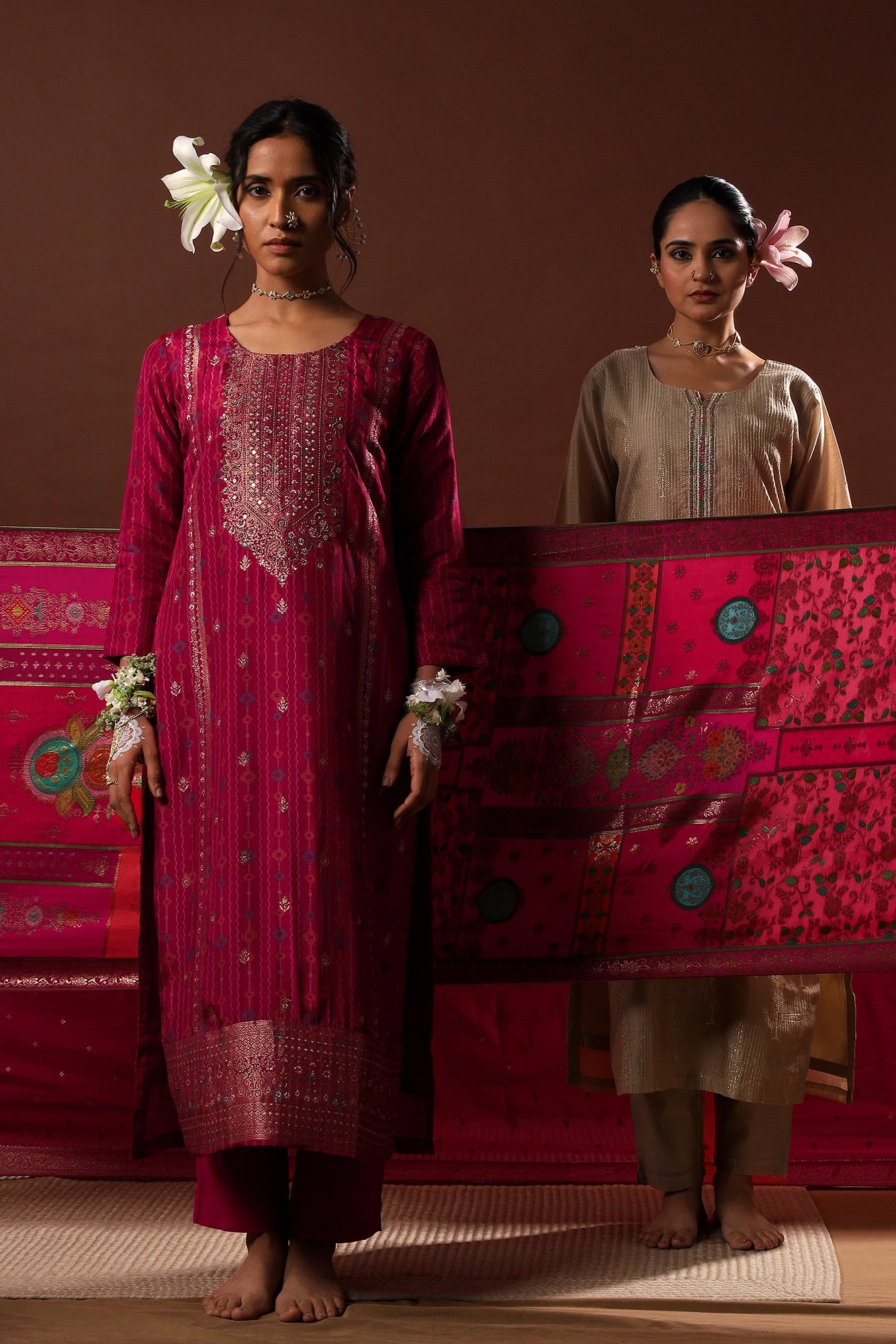 Zayna Gold Chanderi Suit Set with Banarasi Dupatta | HER-486