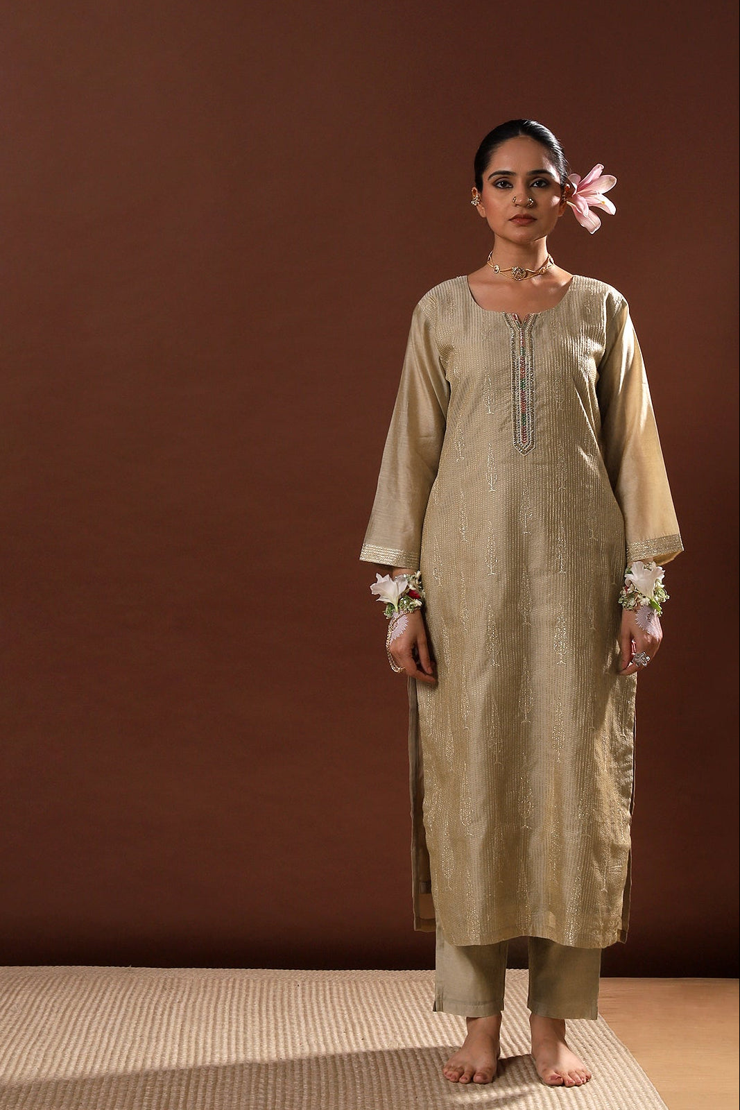 Zayna Gold Chanderi Suit Set with Banarasi Dupatta | HER-486