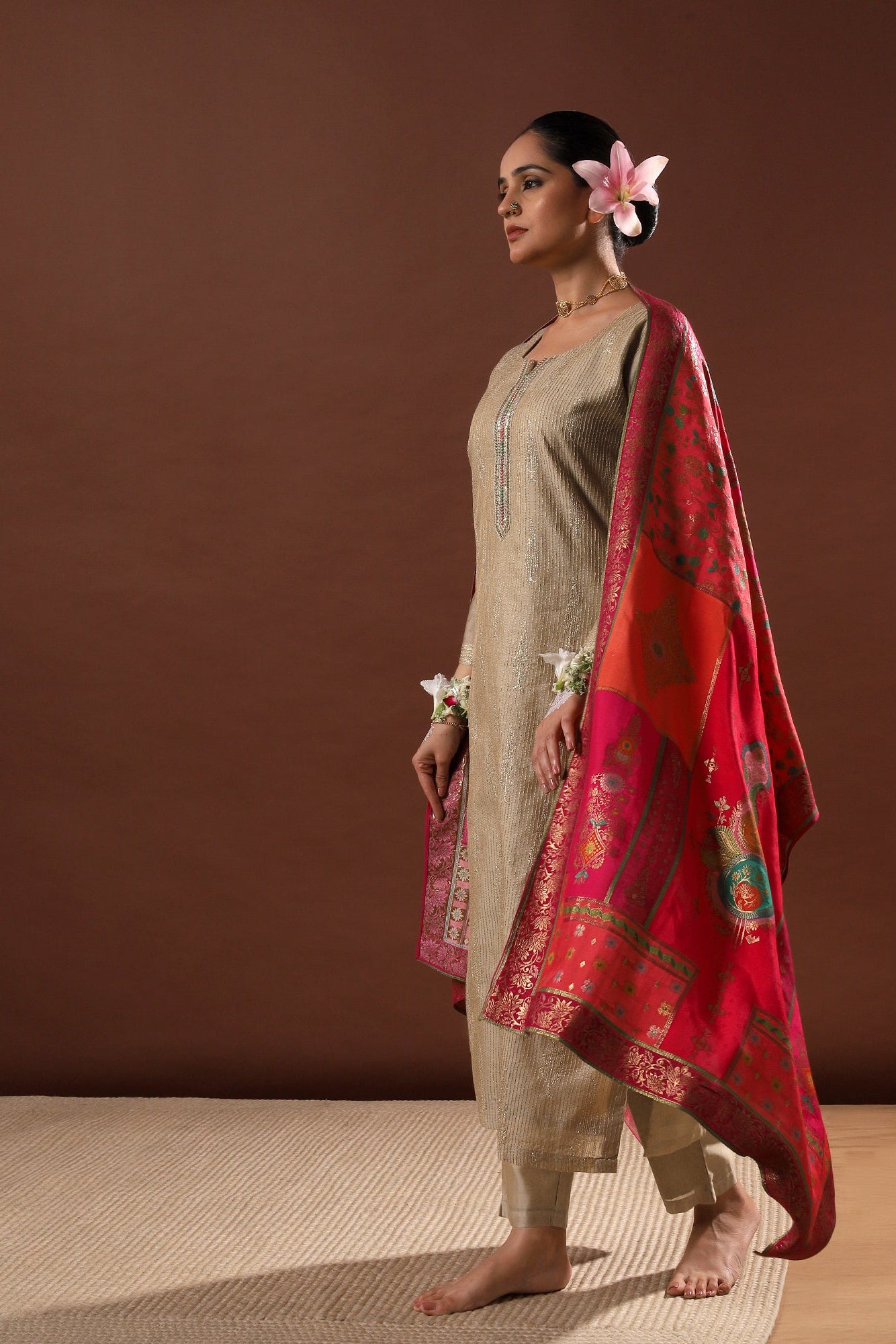 Zayna Gold Chanderi Suit Set with Banarasi Dupatta | HER-486