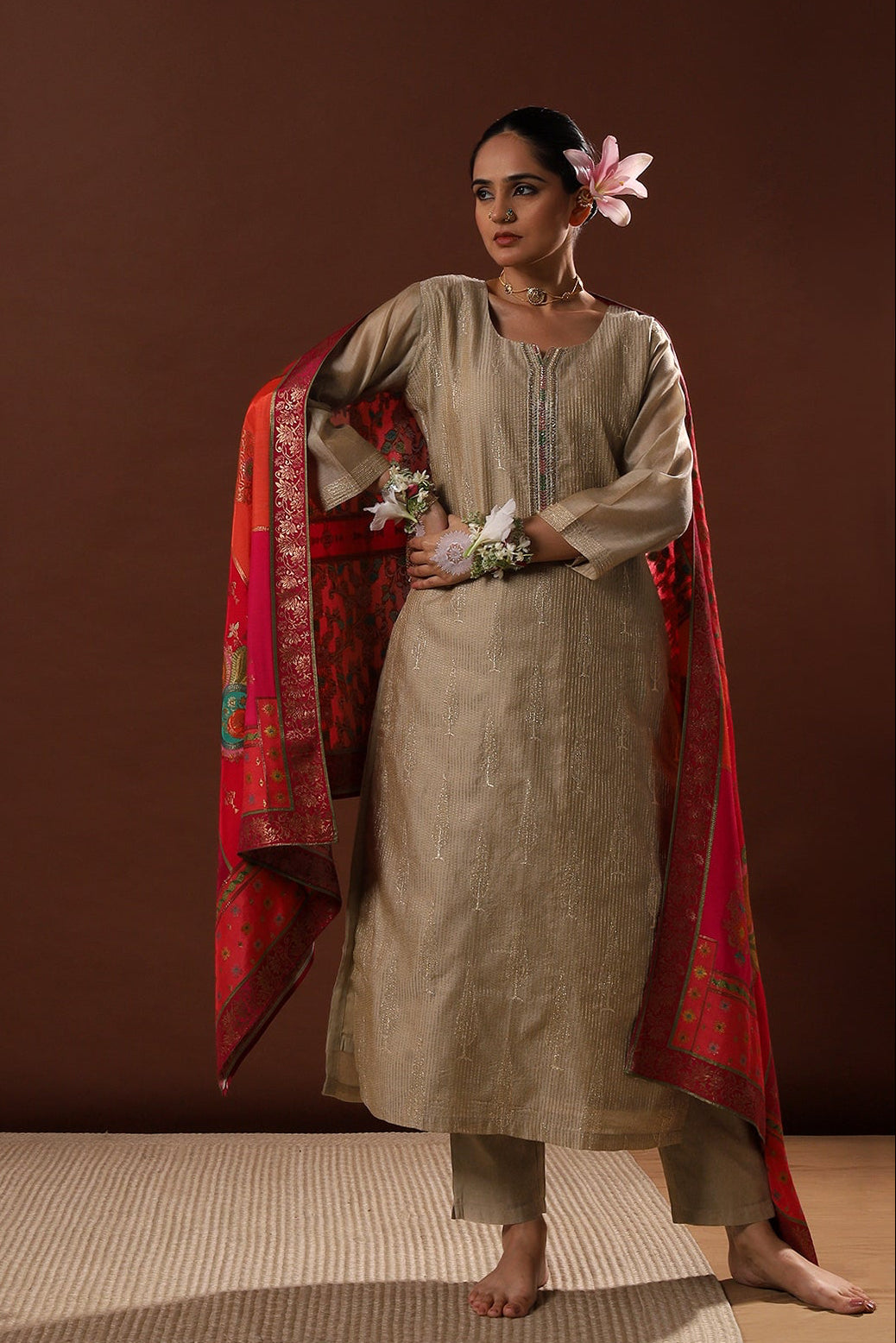 Zayna Gold Chanderi Suit Set with Banarasi Dupatta | HER-486