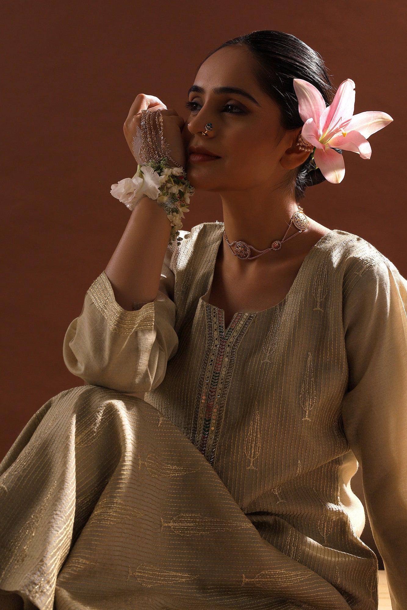 Zayna Gold Chanderi Suit Set with Banarasi Dupatta | HER-486