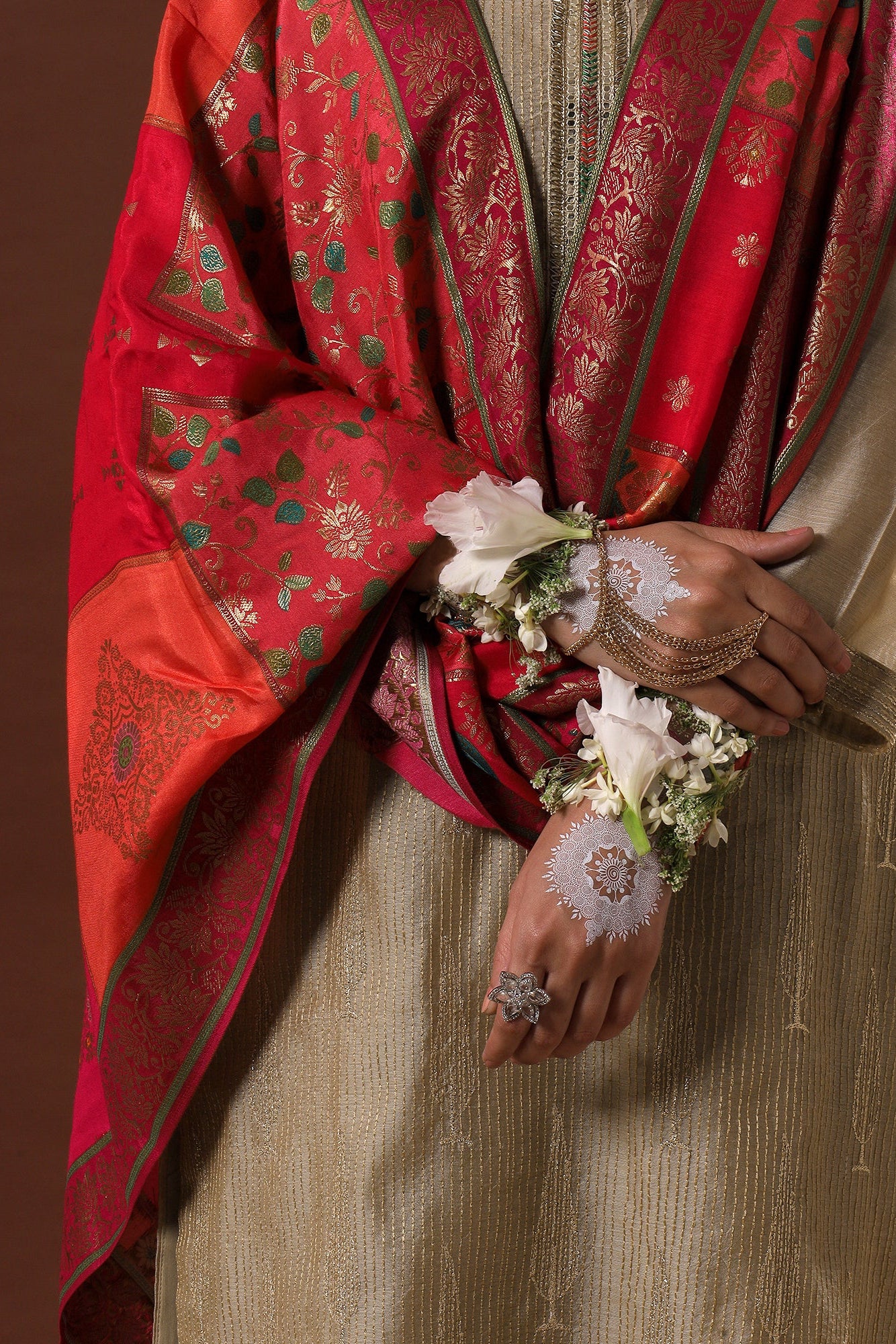 Zayna Gold Chanderi Suit Set with Banarasi Dupatta | HER-486