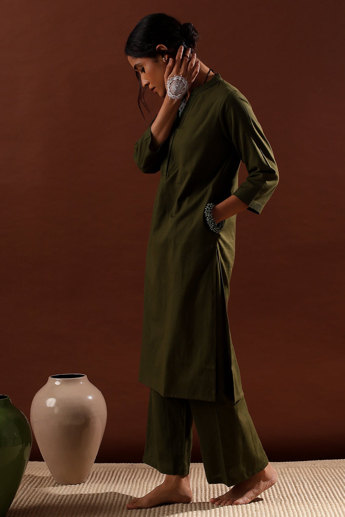 Olive Minimal Kurta/Co-ord Set | HER-527