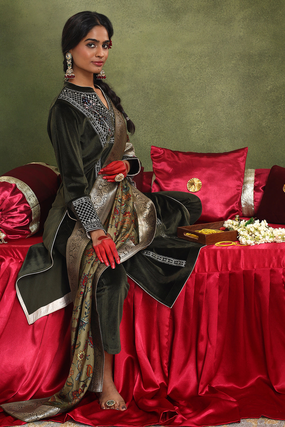 Olive Velvet Suit Set | HER-442