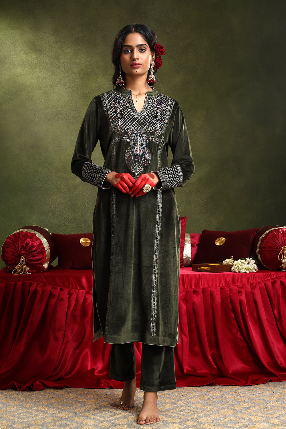 Olive Velvet Suit Set | HER-442