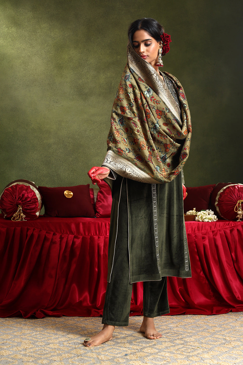 Olive Velvet Suit Set | HER-442