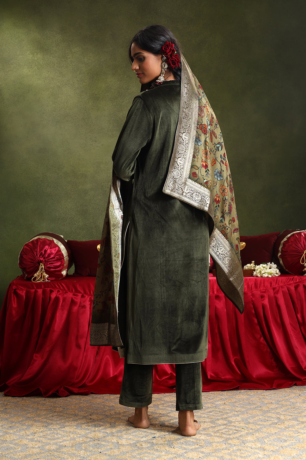 Olive Velvet Suit Set | HER-442