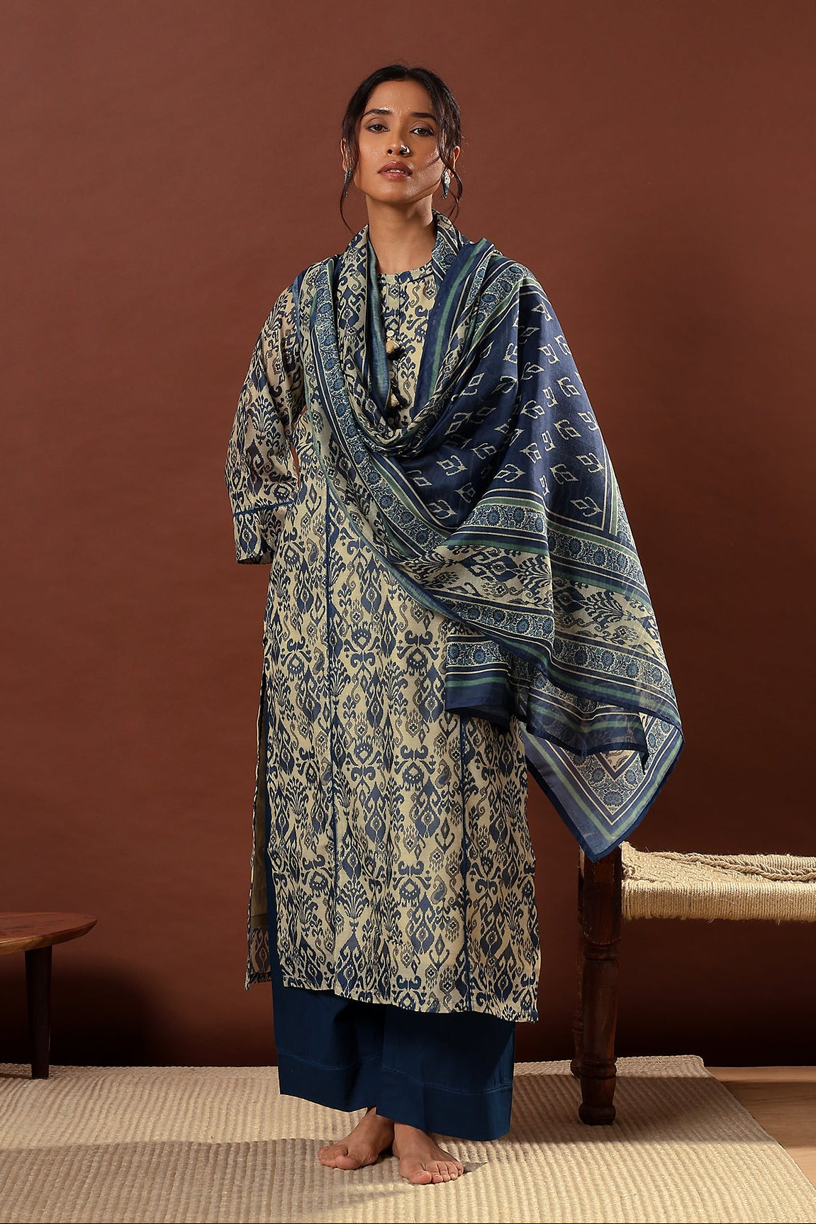 Mahek Midnight Blue Printed Chanderi Suit Set | HER-501