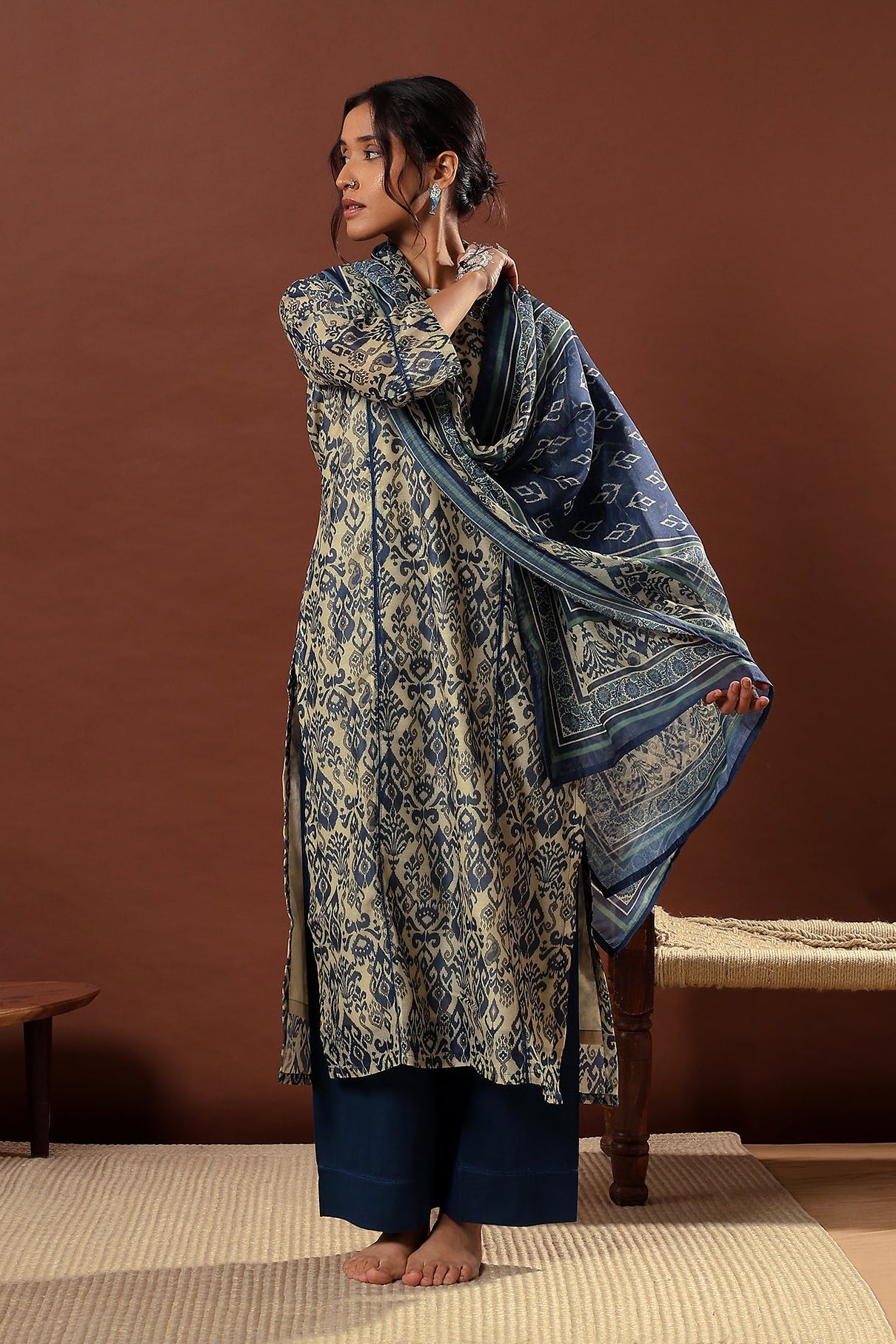 Mahek Midnight Blue Printed Chanderi Suit Set | HER-501